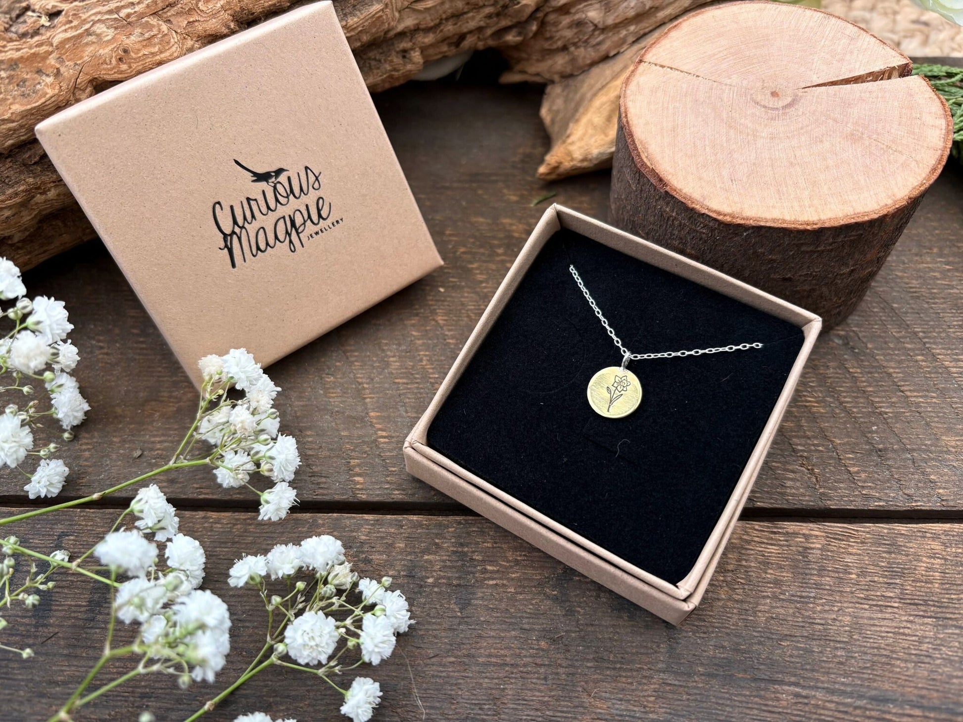 Brass birth flower necklace, march Birthday, daffodil - by Curious Magpie Jewellery