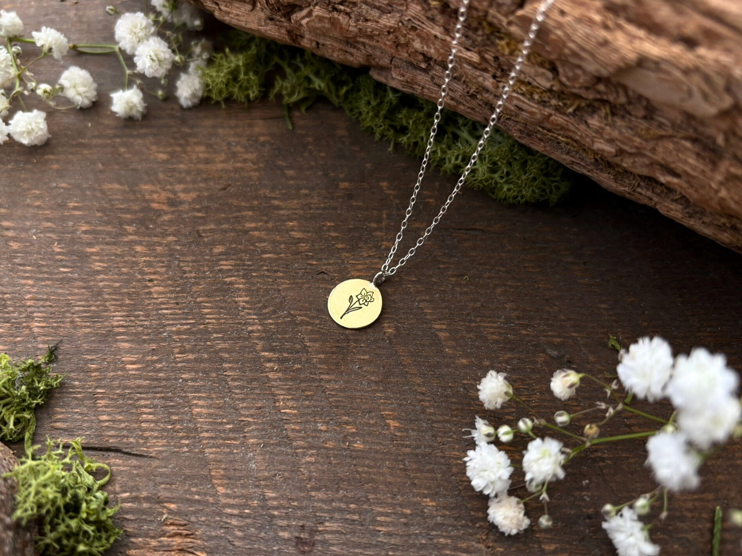 Brass birth flower necklace, march Birthday, daffodil - by Curious Magpie Jewellery