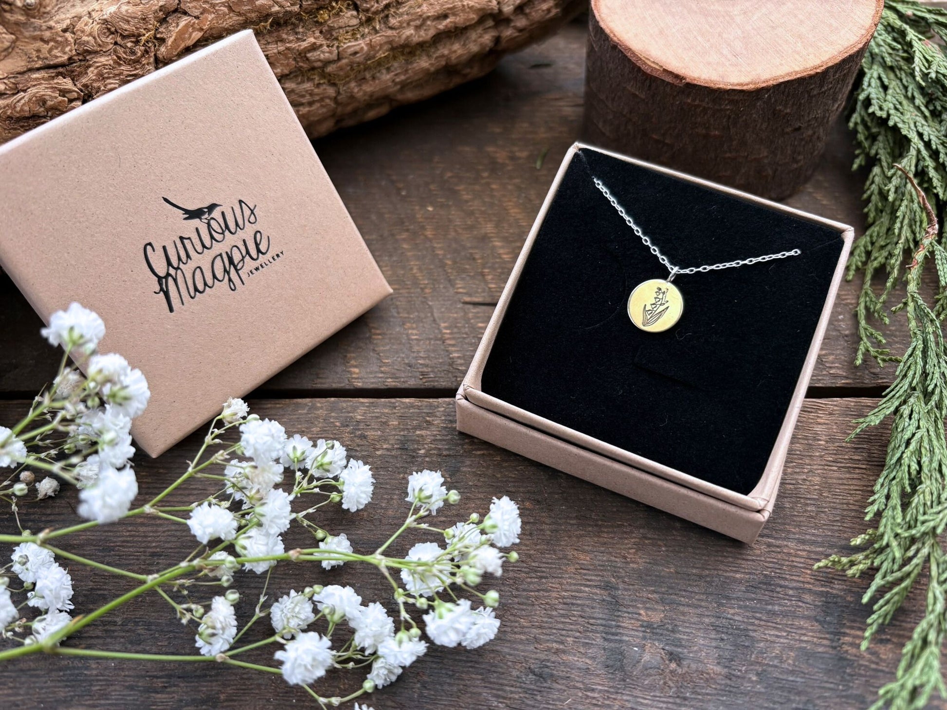 Brass birth flower necklace, May Birthday, Lily-of-the-valley - by Curious Magpie Jewellery