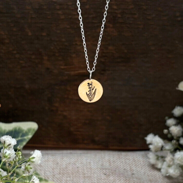 Brass birth flower necklace, May Birthday, Lily-of-the-valley - by Curious Magpie Jewellery
