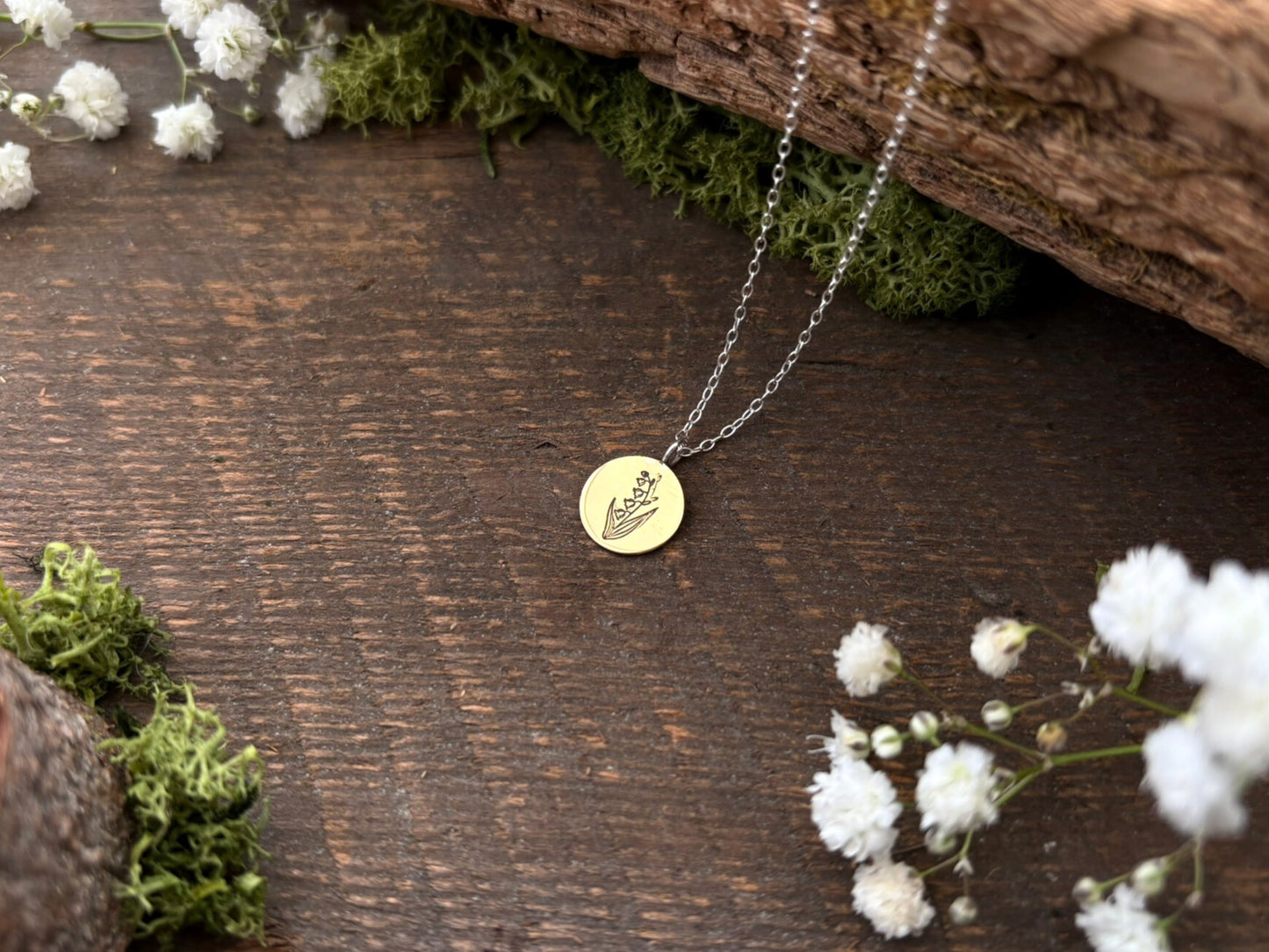 Brass birth flower necklace, May Birthday, Lily-of-the-valley - by Curious Magpie Jewellery