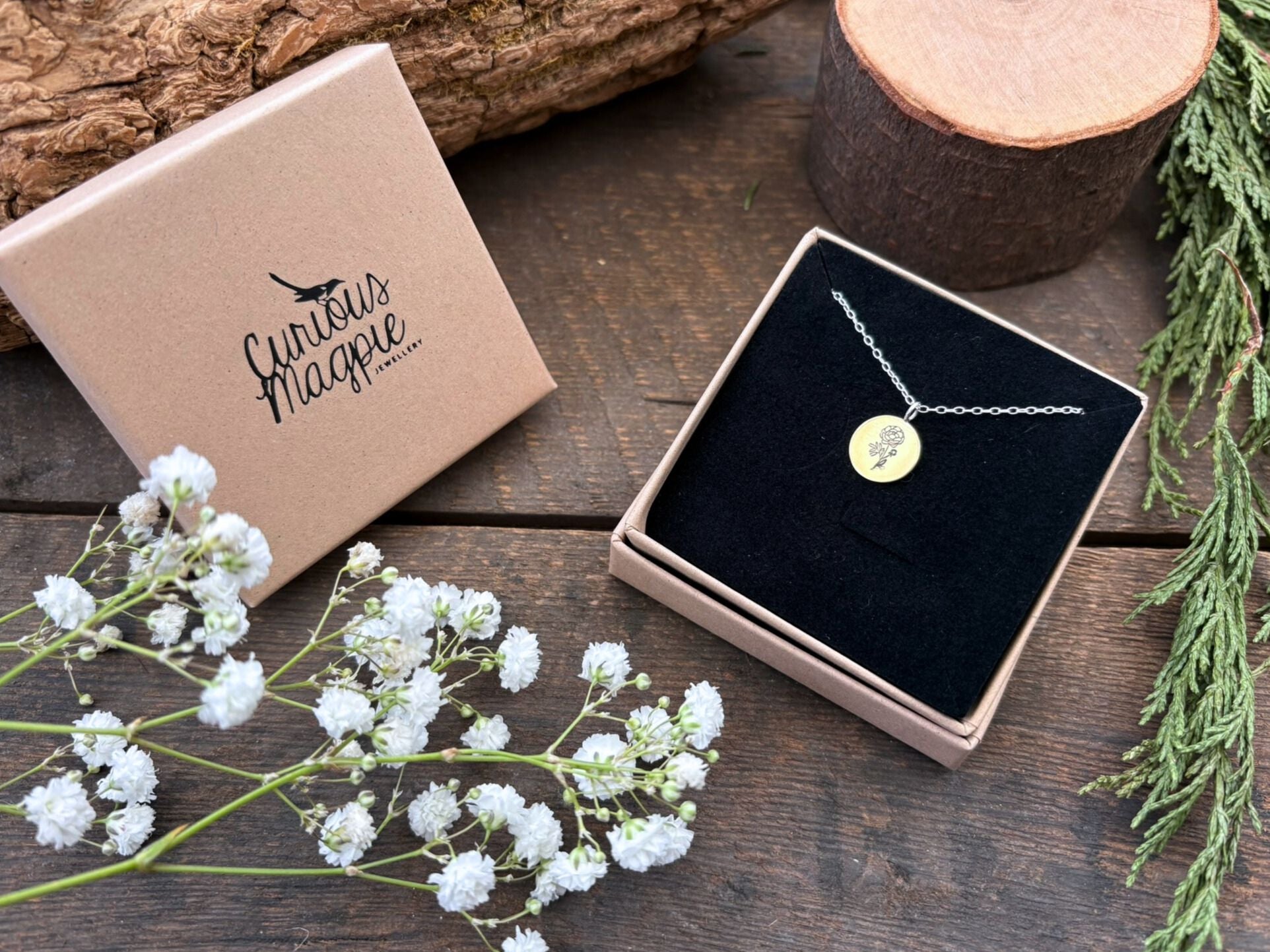 Brass birth flower necklace, Peony, November Birthday