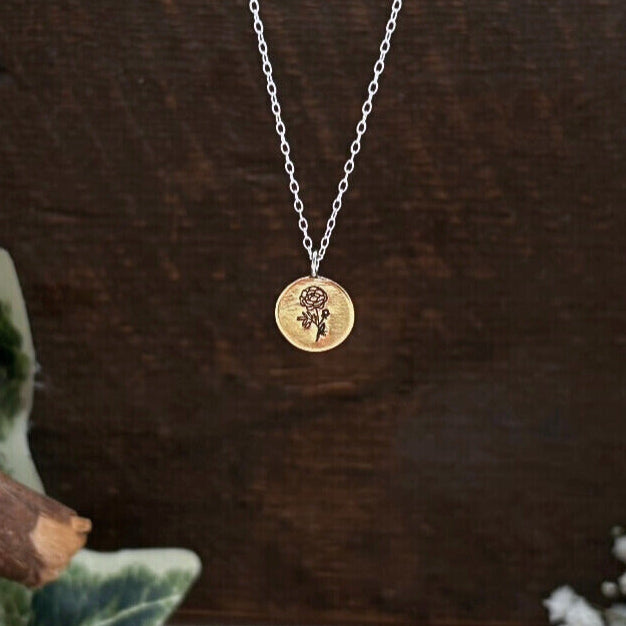 Brass birth flower necklace, Peony, November Birthday