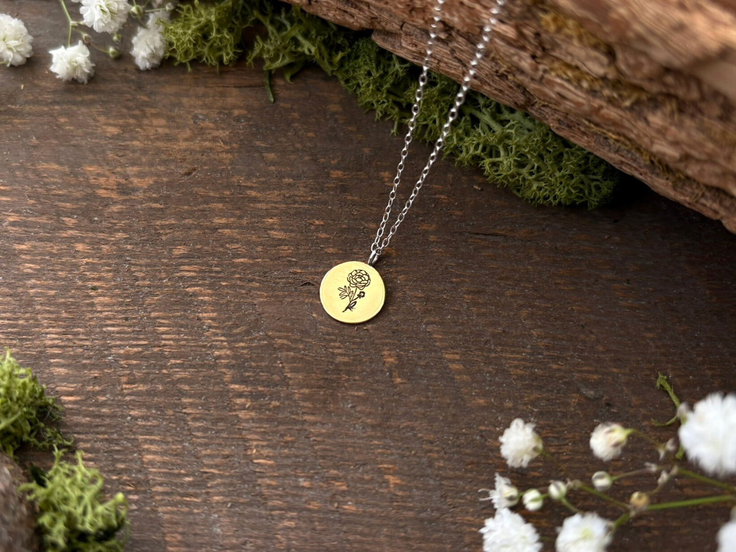Brass birth flower necklace, Peony, November Birthday