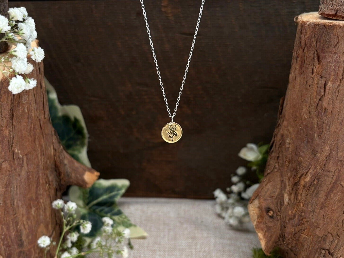 Gold birth flower necklace with a floral pendant, October Birth Flower Cosmos