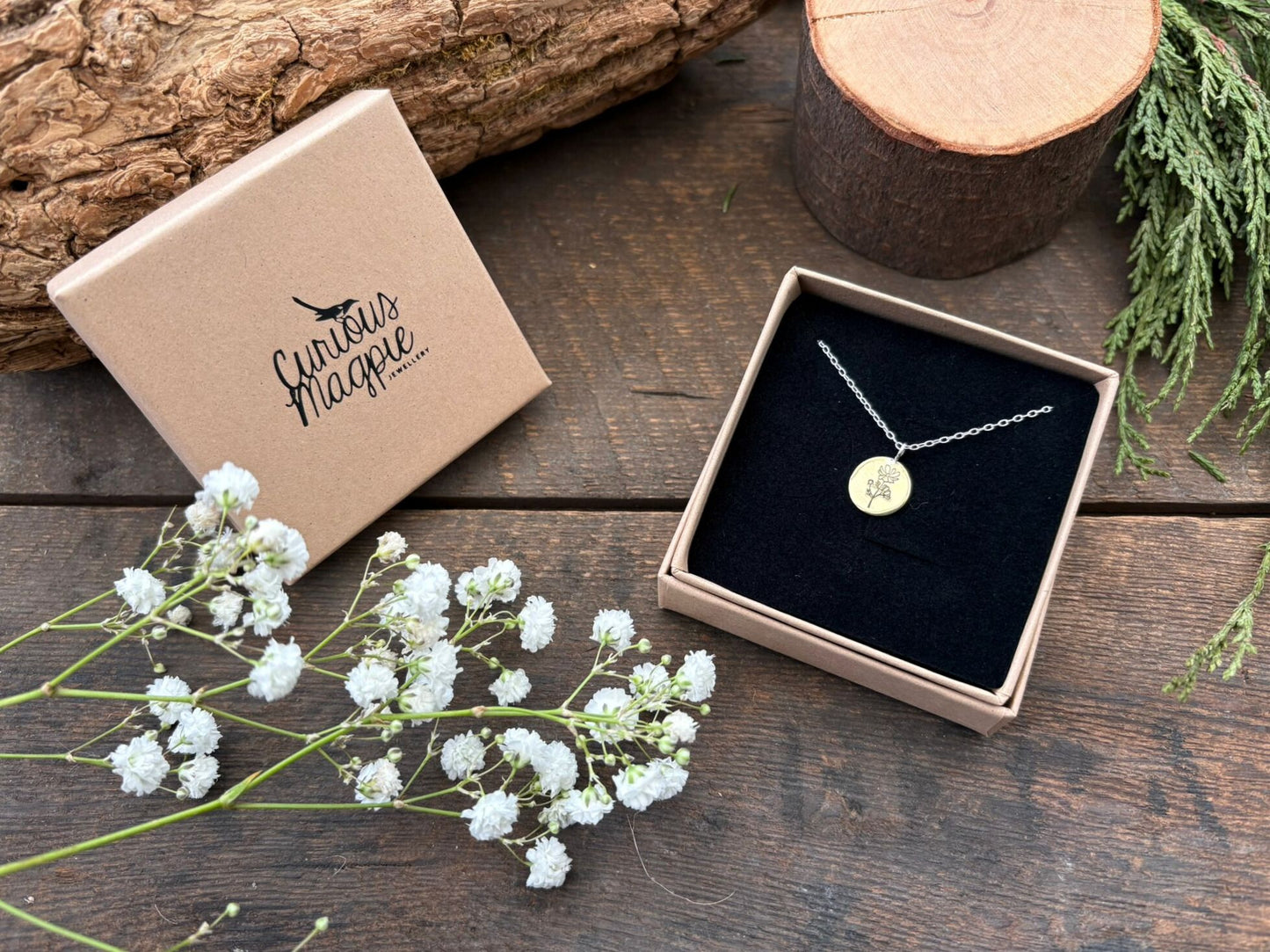 Gold birth flower necklace with a floral pendant, October Birth Flower Cosmos