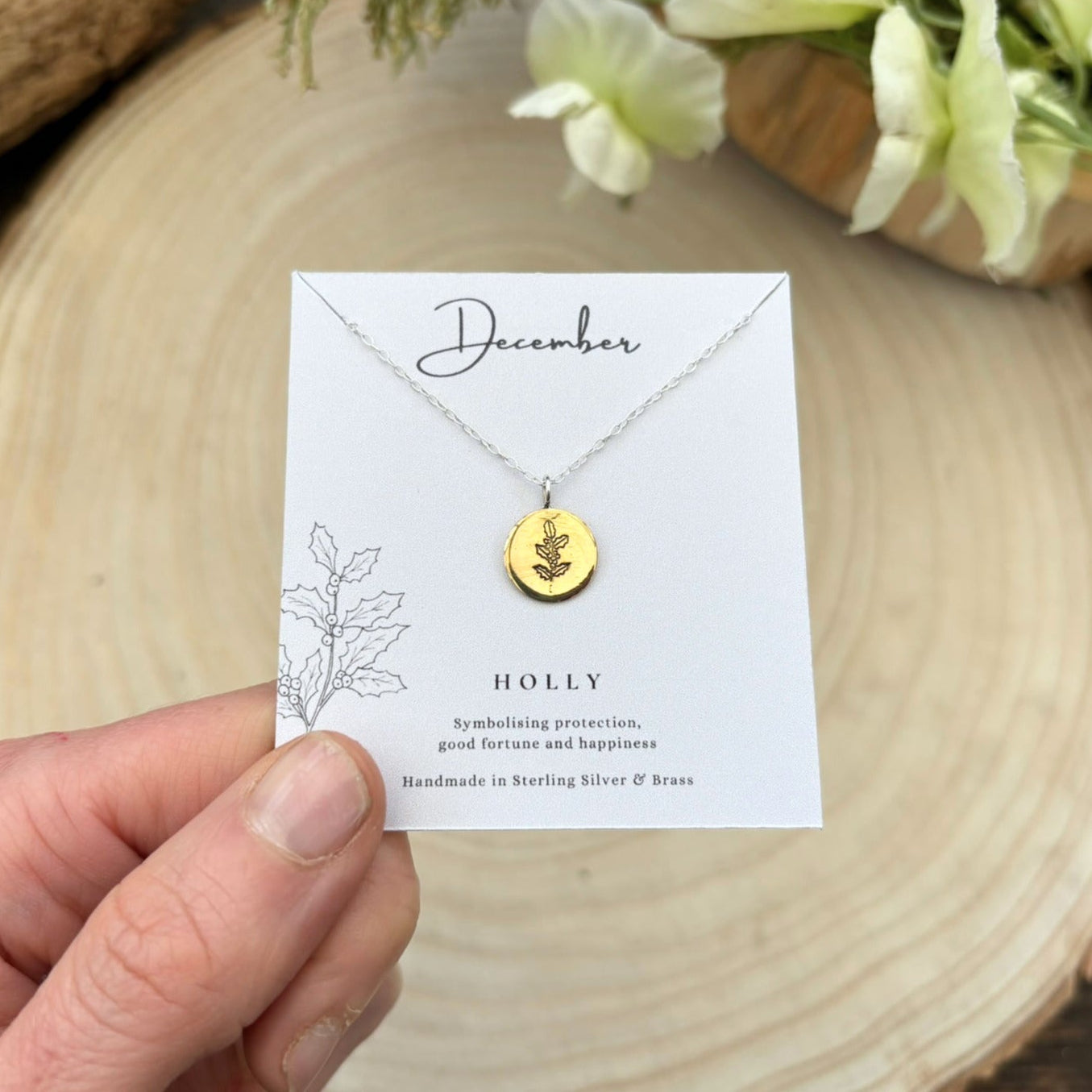 Brass_December_Birth_Flower_Necklace_on_Card-_Curious_Magpie_Jewellery