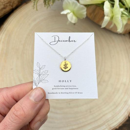 Brass_December_Birth_Flower_Necklace_on_Card-_Curious_Magpie_Jewellery
