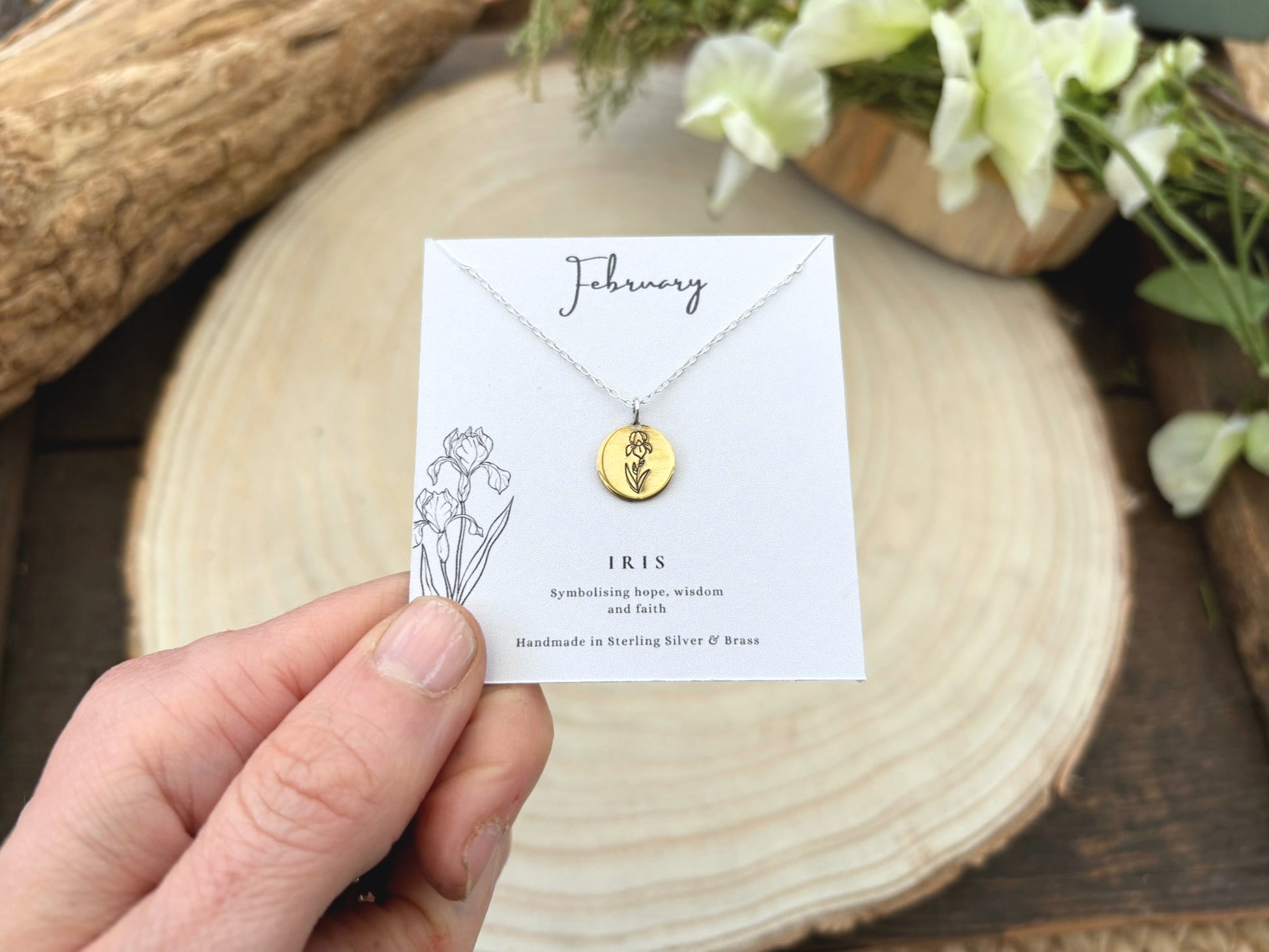 Gold February birth flower necklace, Iris, by Curious Magpie Jewellery