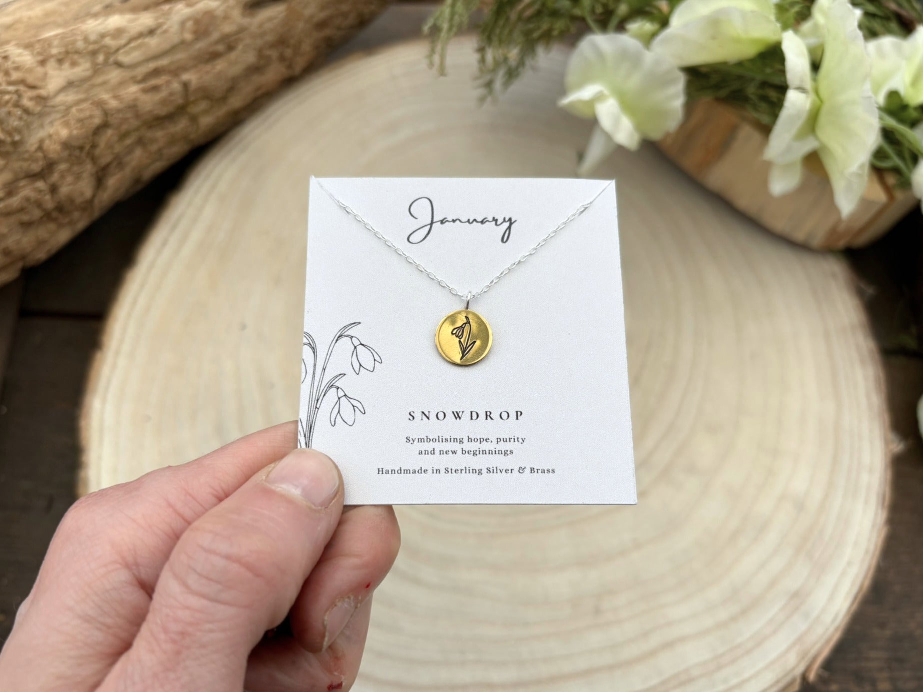 Gold January birth flower necklace, snowdrop by Curious Magpie Jewellery