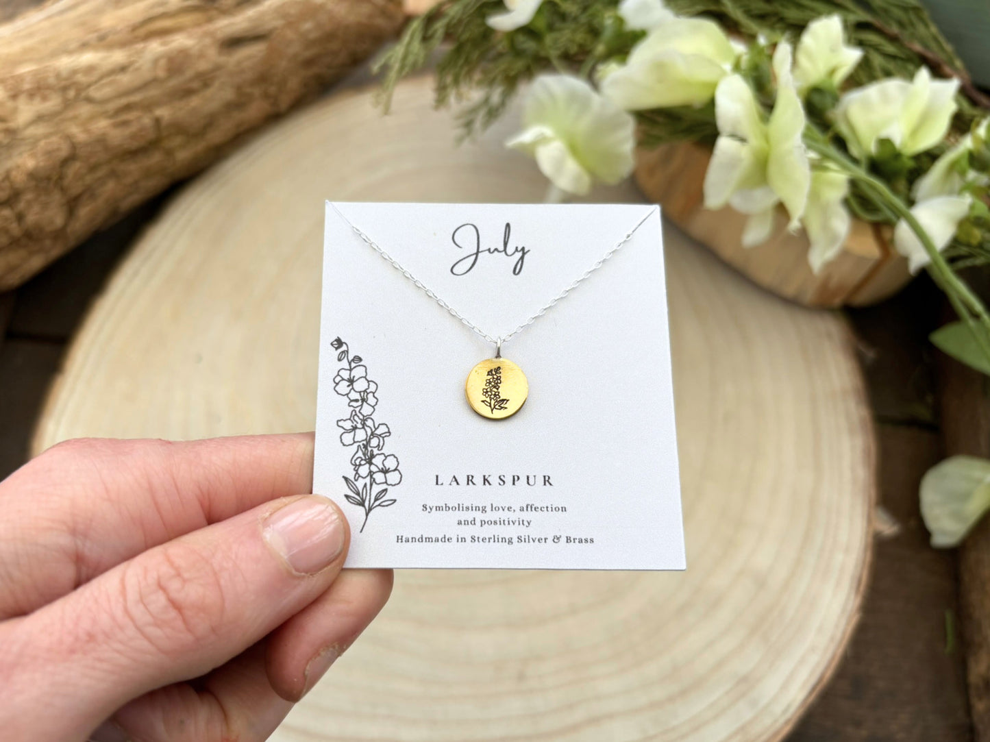 Brass July Birth Flower Necklace by Curious Magpie Jewellery