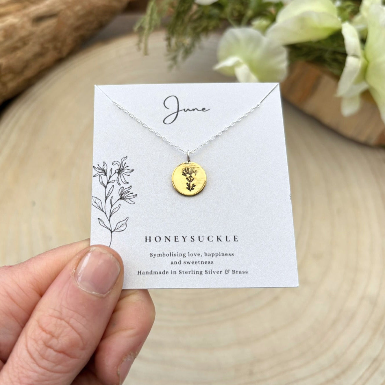 Brass June Birth Flower Necklace, honeysuckle, by Curious Magpie Jewellery