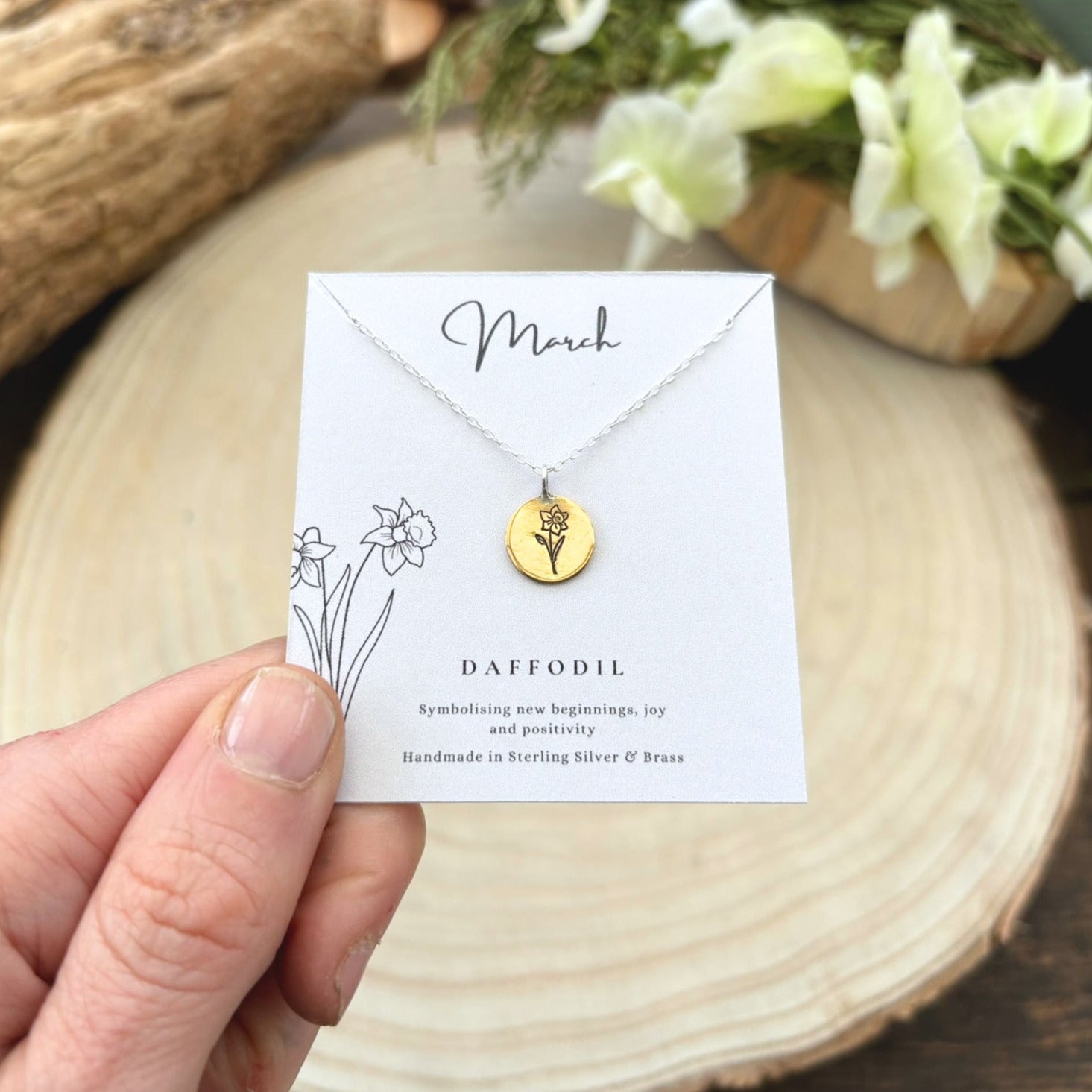 Gold march birth flower necklace by Curious Magpie Jewellery, daffodil