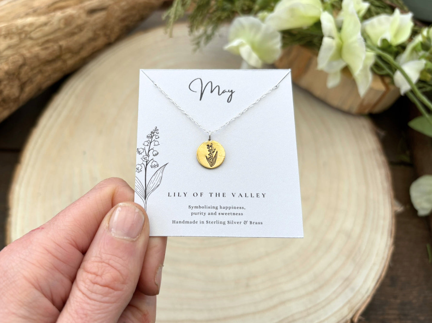 Gold May Birth Flower Necklace, lily of the valley, by Curious Magpie Jewellery