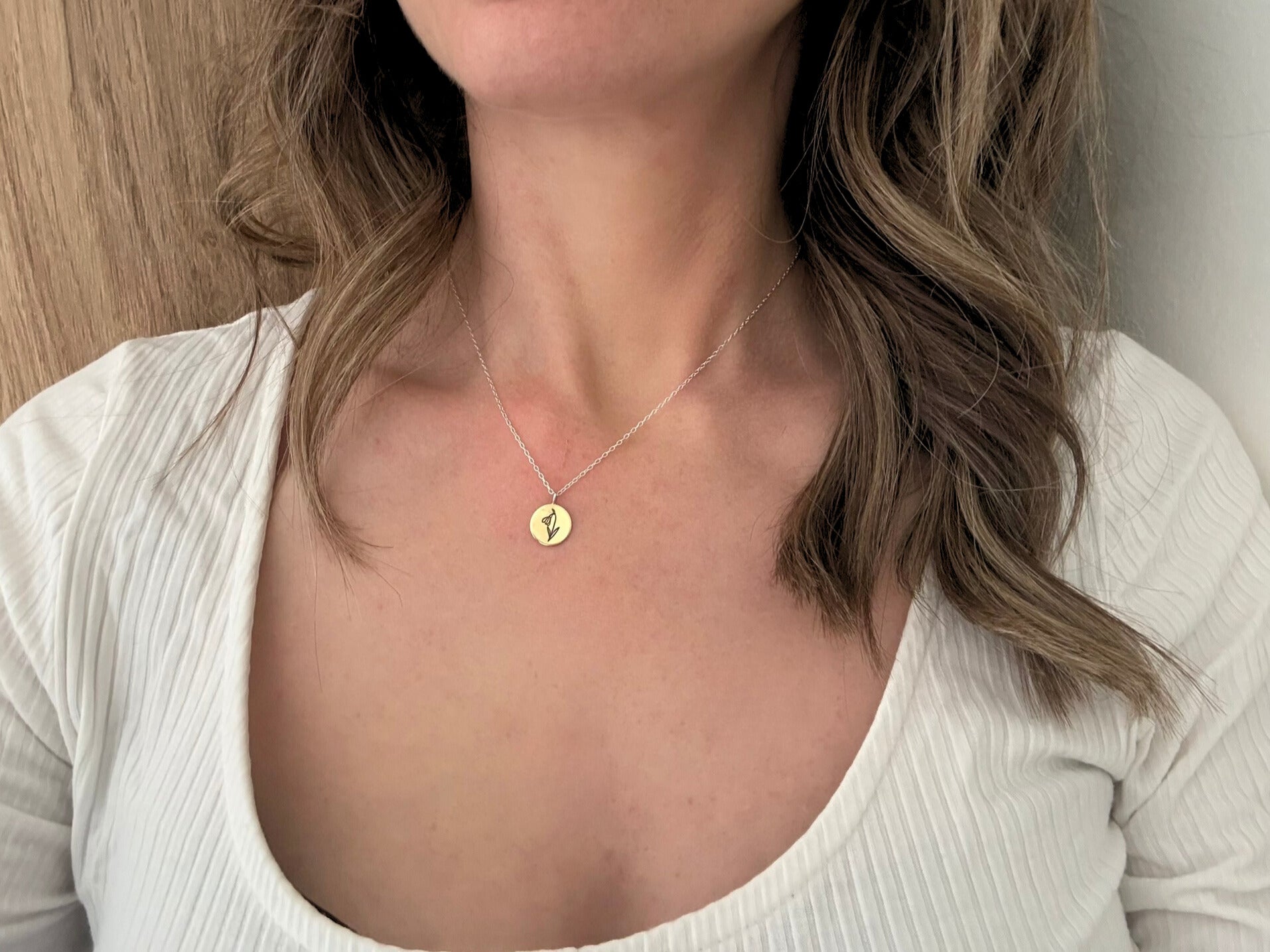 Brass birth flower necklace, February Birthday, Iris- by Curious Magpie Jewellery