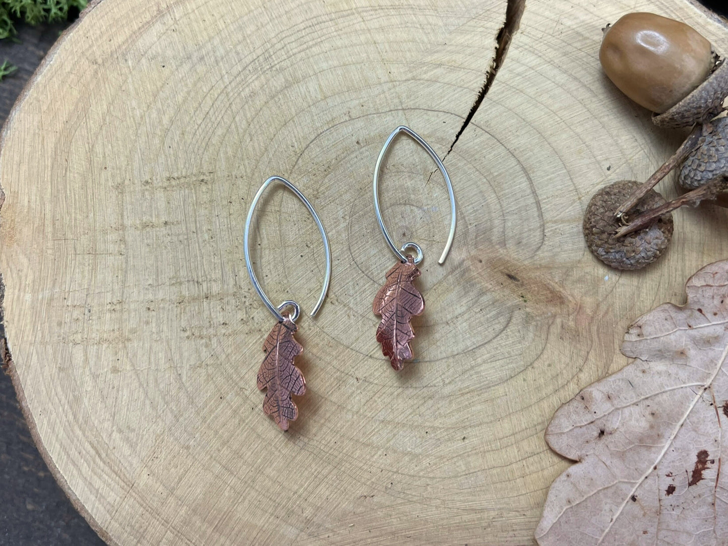 Copper Oak Leaf Drop Earrings by Curious Magpie Jewellery