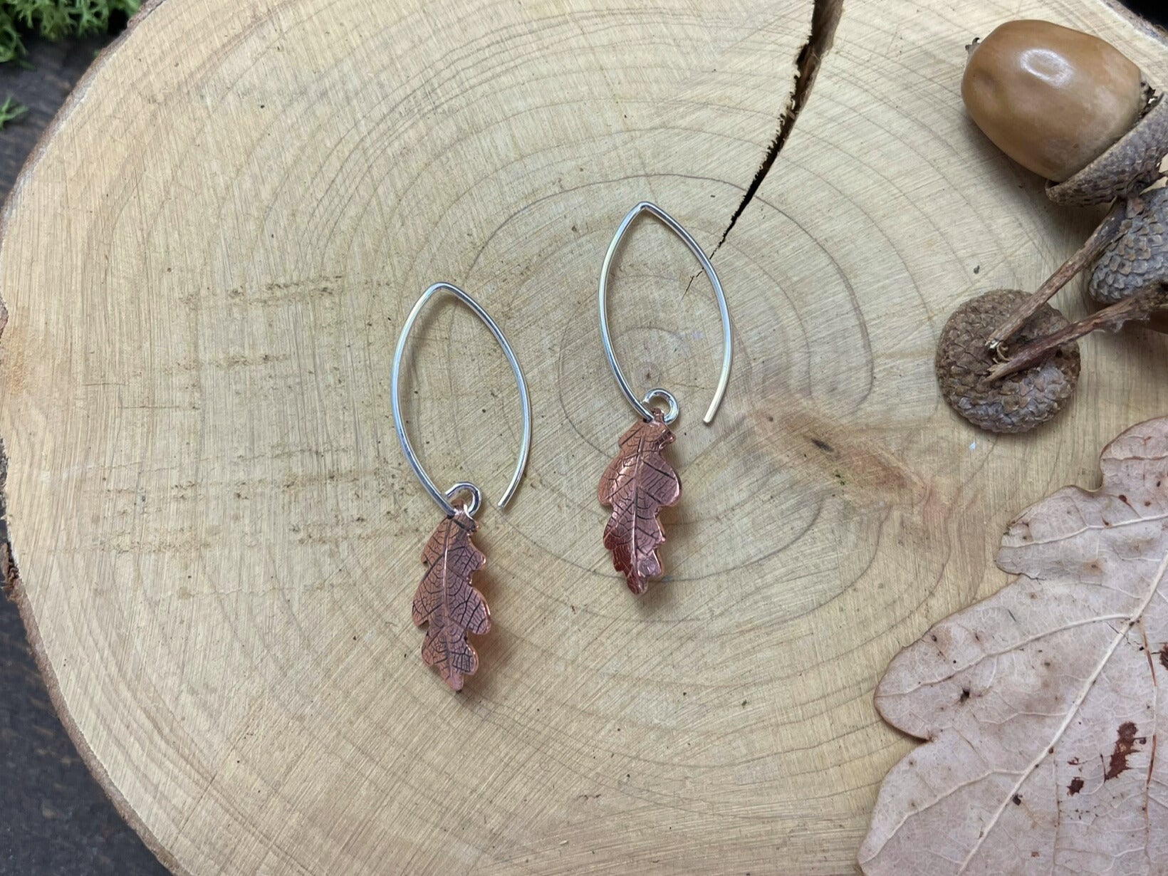 Copper Oak Leaf Drop Earrings by Curious Magpie Jewellery