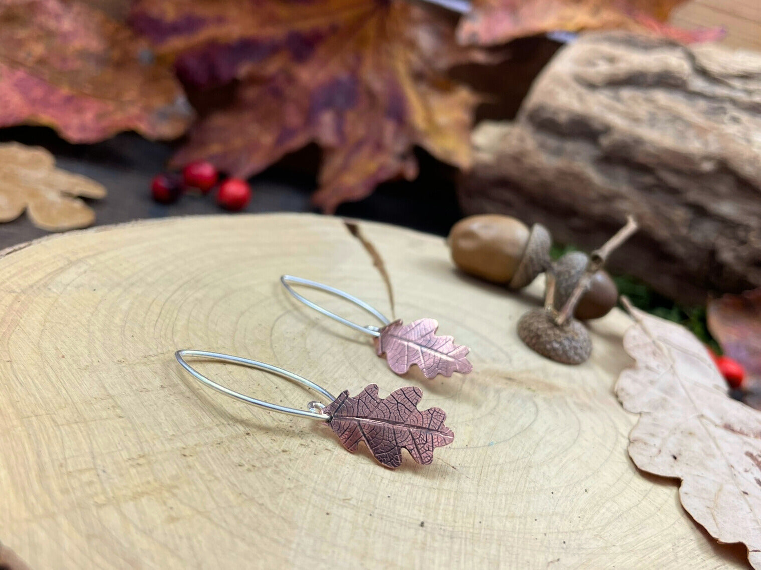 Copper Oak Leaf Drop Earrings by Curious Magpie Jewellery
