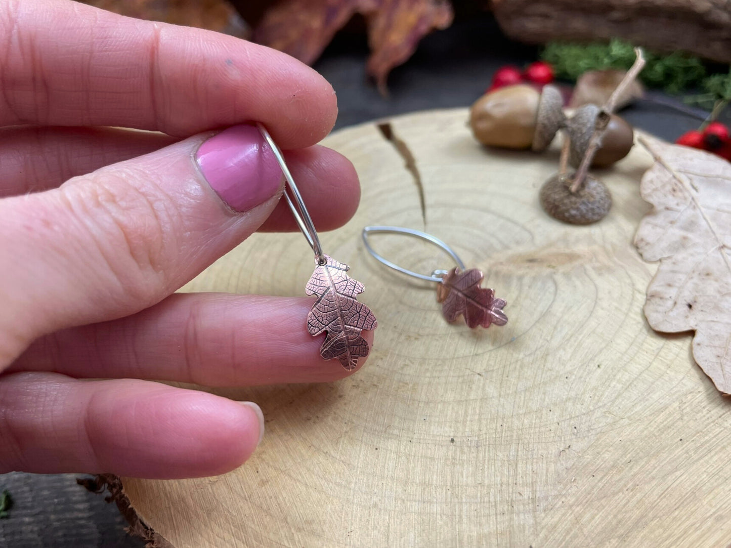 Copper Oak Leaf Drop Earrings by Curious Magpie Jewellery