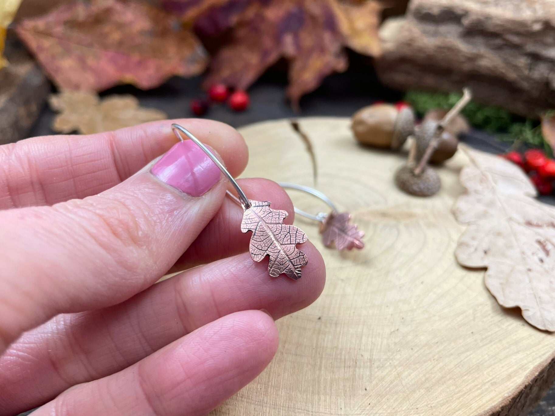 Copper Oak Leaf Drop Earrings by Curious Magpie Jewellery