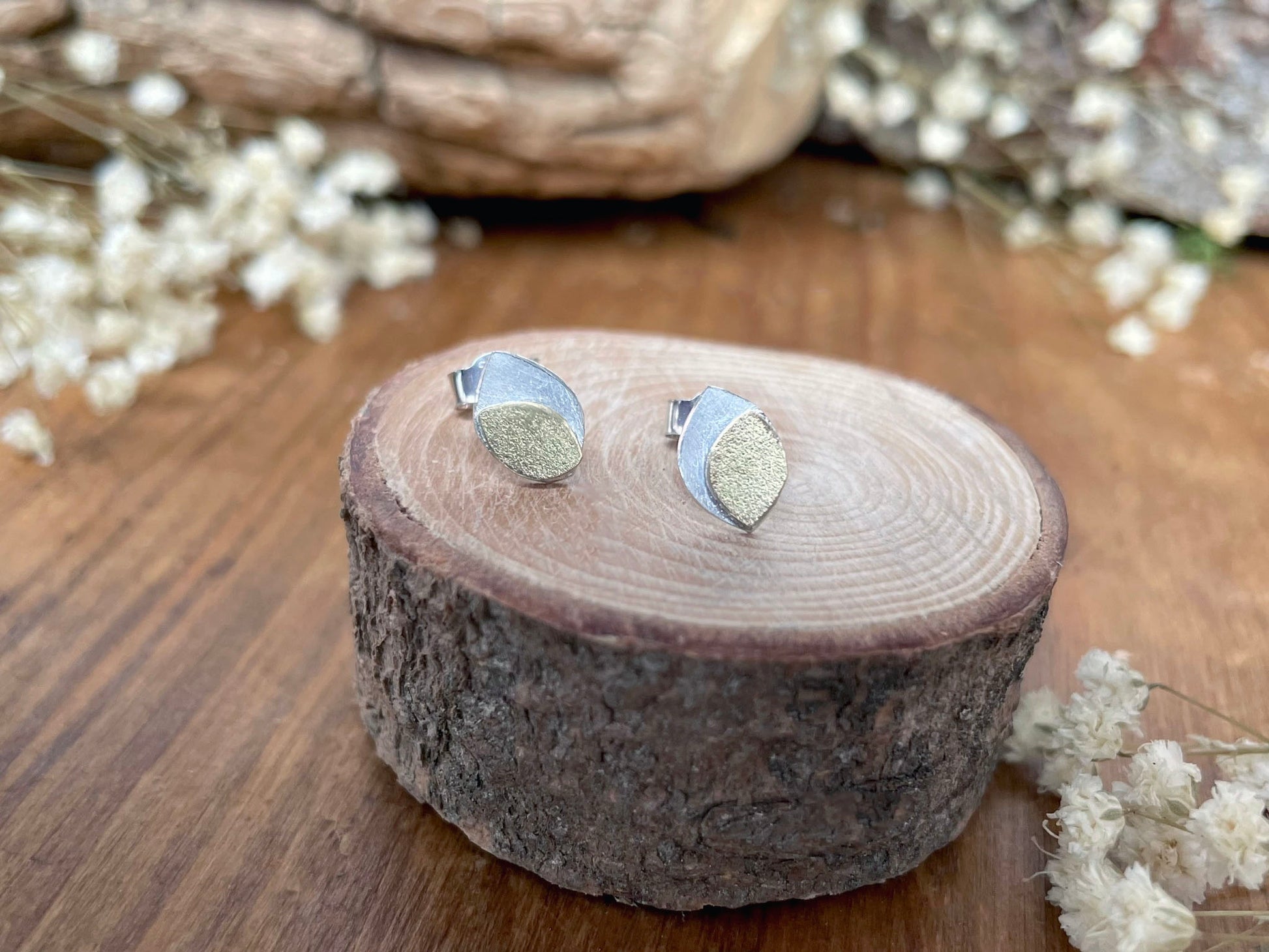 Gold & Silver Leaf Duo Studs by Curious Magpie Jewellery