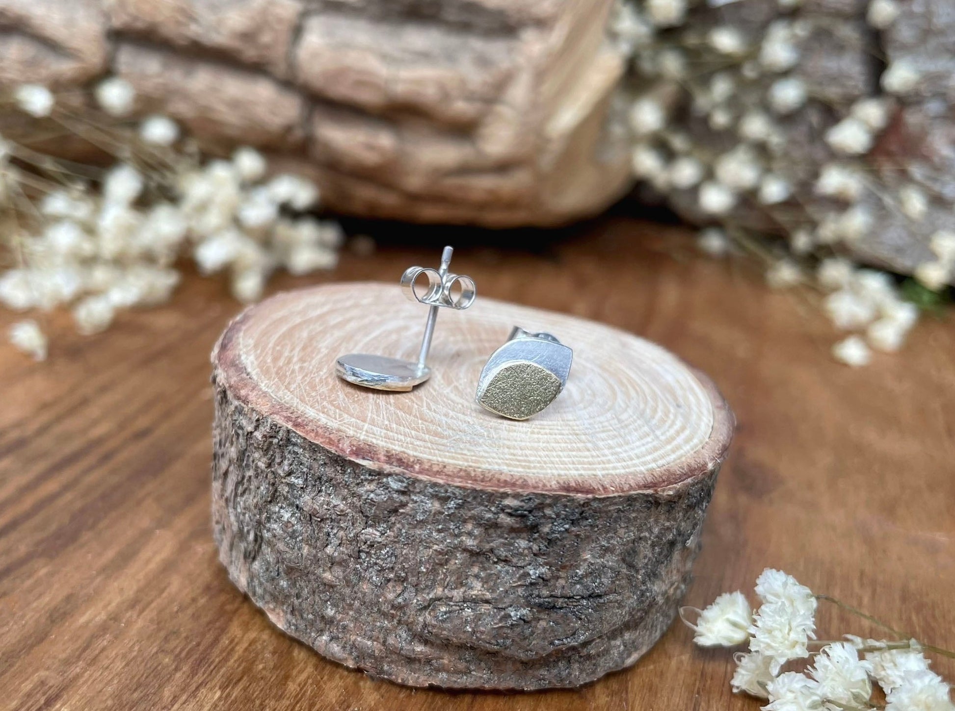 Gold and Silver Leaf Duo Stud Earrings by Curious Magpie Jewellery