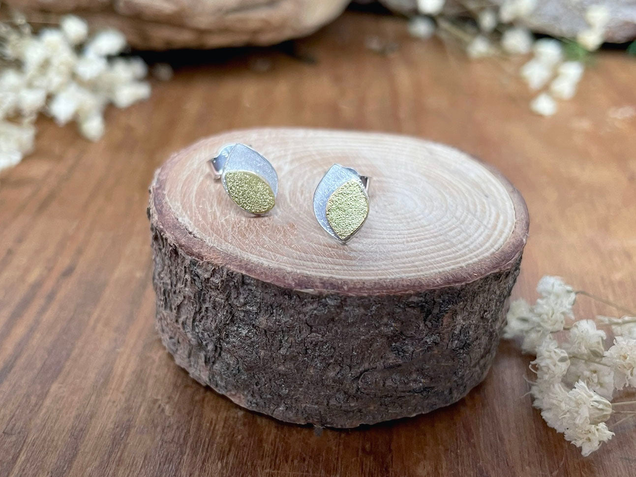 Gold and Silver Leaf Duo Stud Earrings by Curious Magpie Jewellery