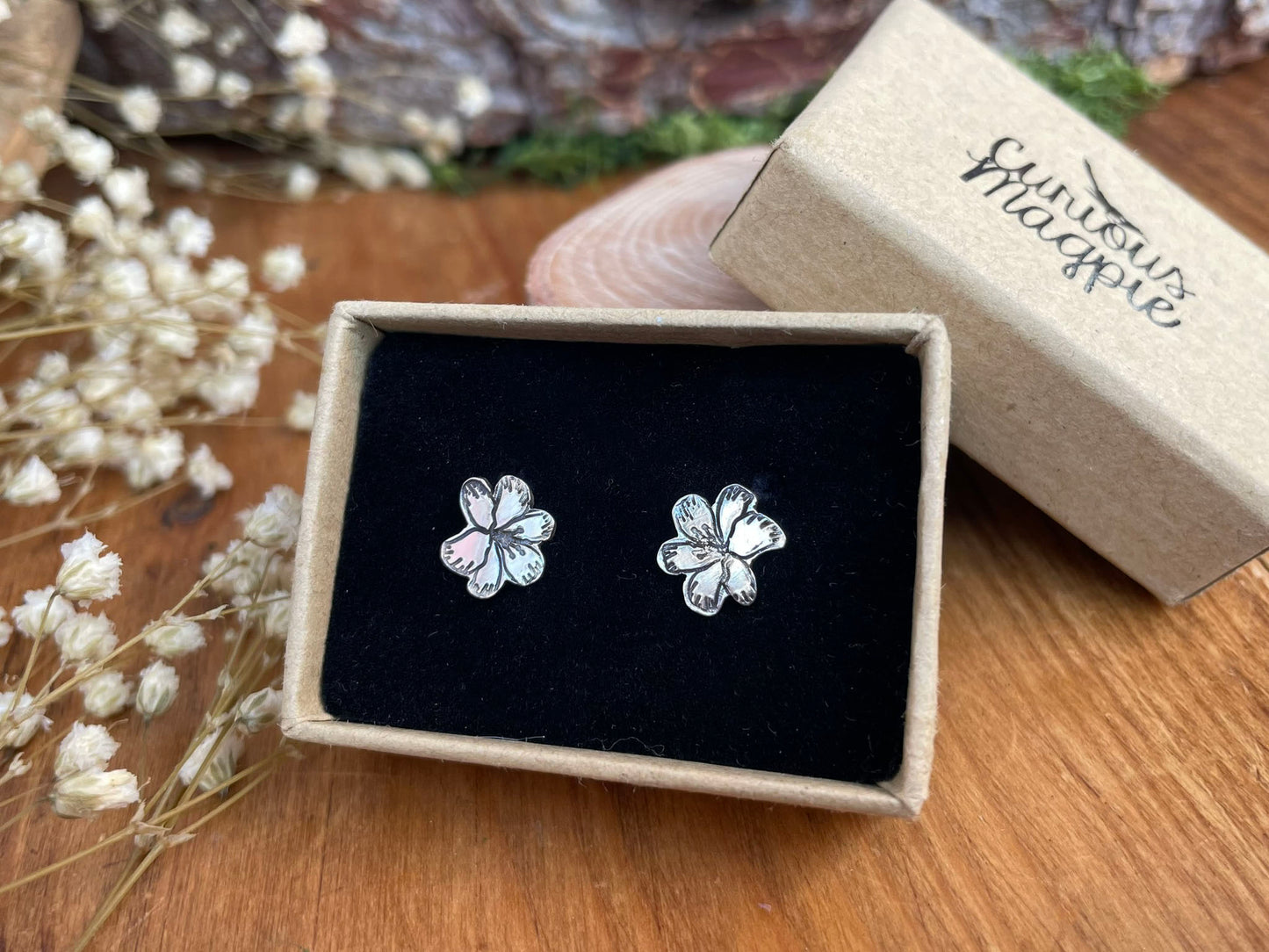 Oxidised Silver Blossom Stud Earrings by Curious Magpie Jewellery