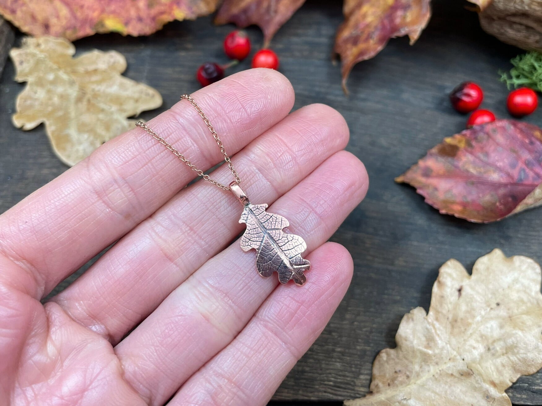 Rose Gold & Copper Oak Leaf Necklace by Curious Magpie Jewellery