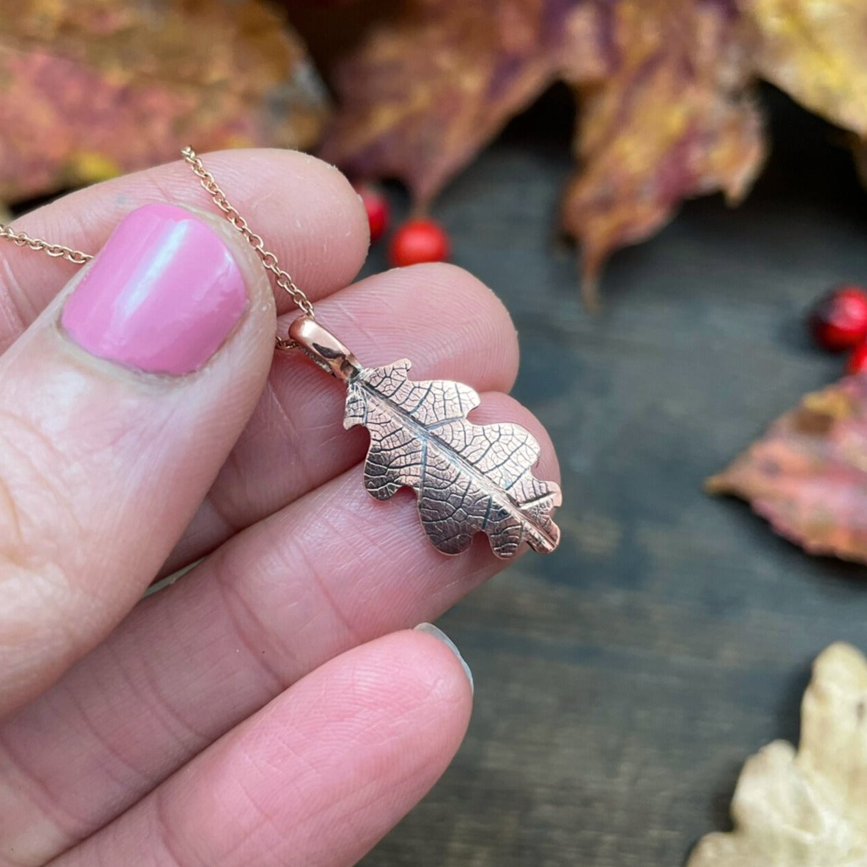 Rose Gold & Copper Oak Leaf Necklace by Curious Magpie Jewellery