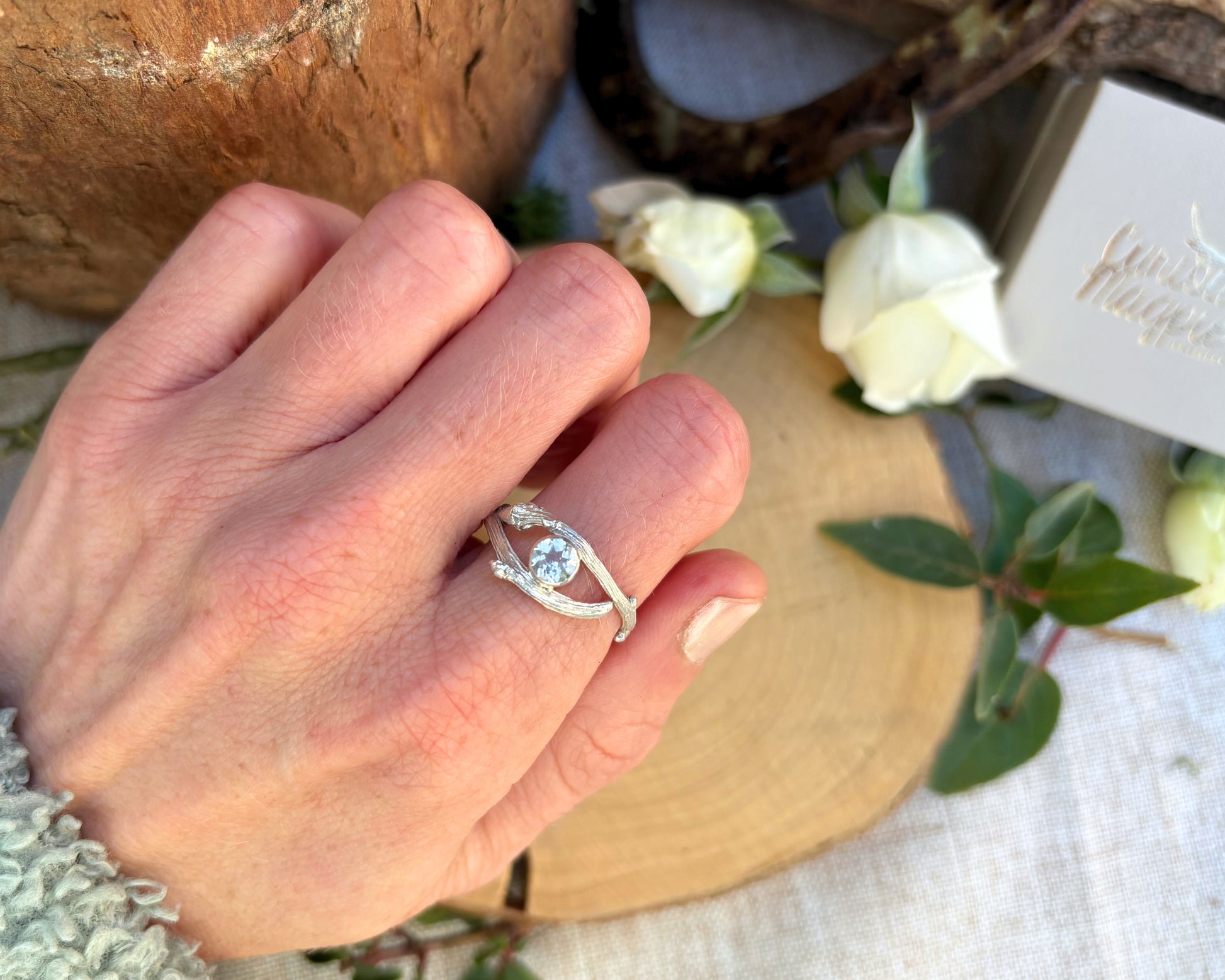 Silver Branch Ring with White Topaz gemstone by Curious Magpie Jewellery