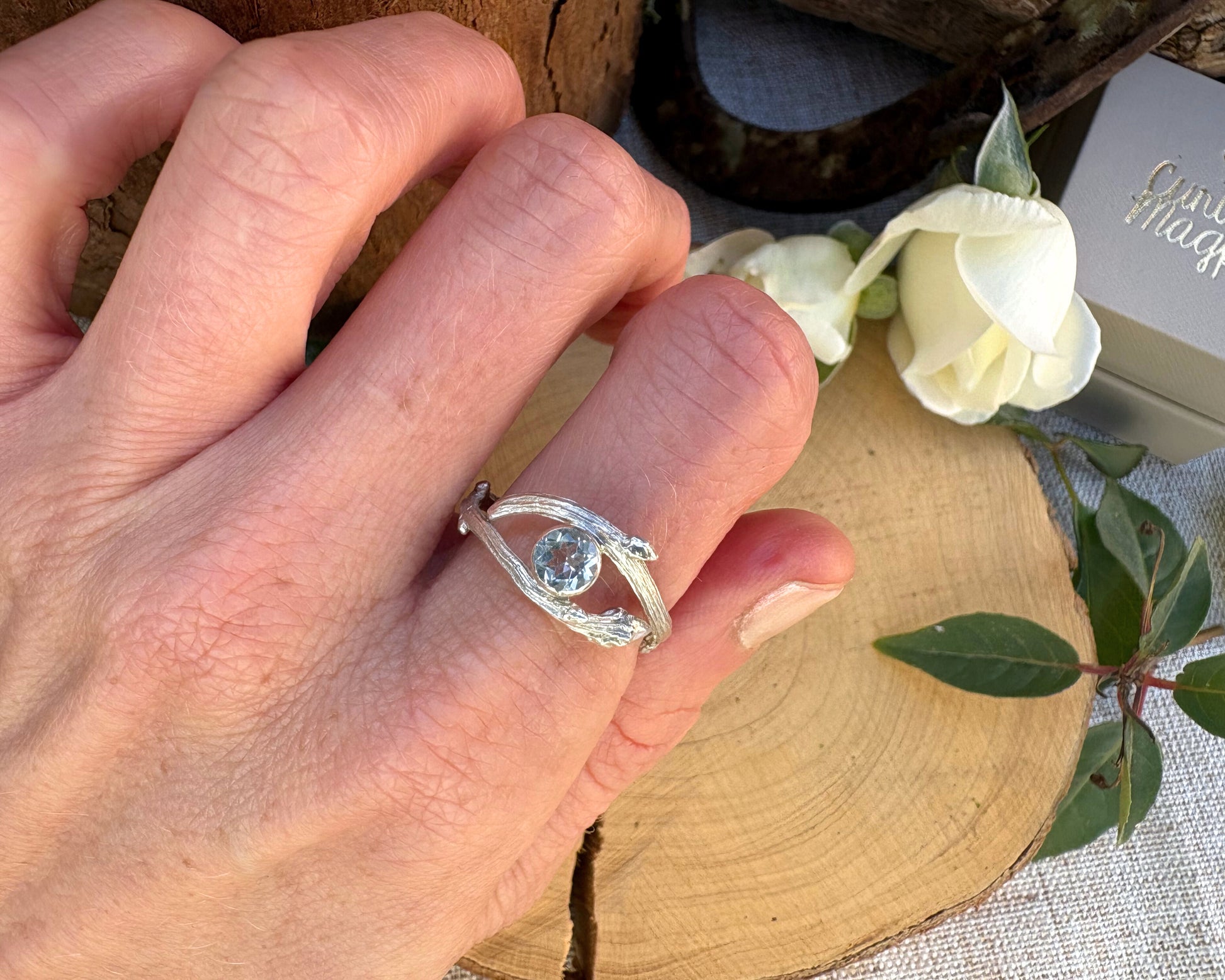 Silver Branch Ring with White Topaz gemstone by Curious Magpie Jewellery