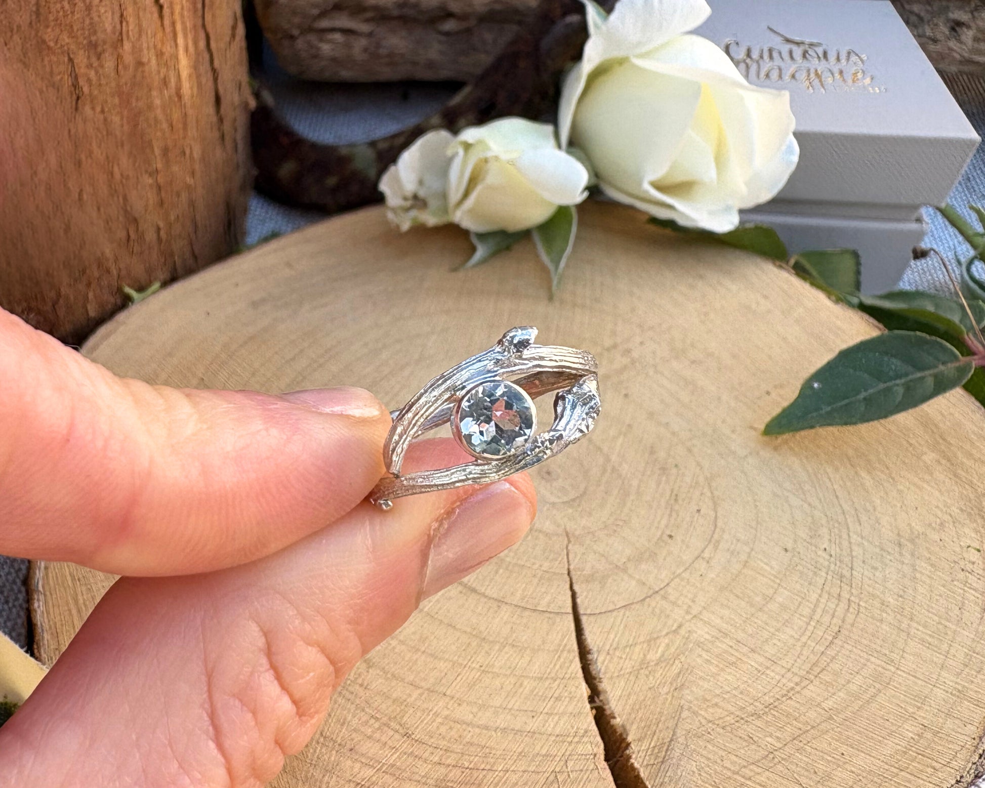 Silver Branch Ring with White Topaz gemstone by Curious Magpie Jewellery