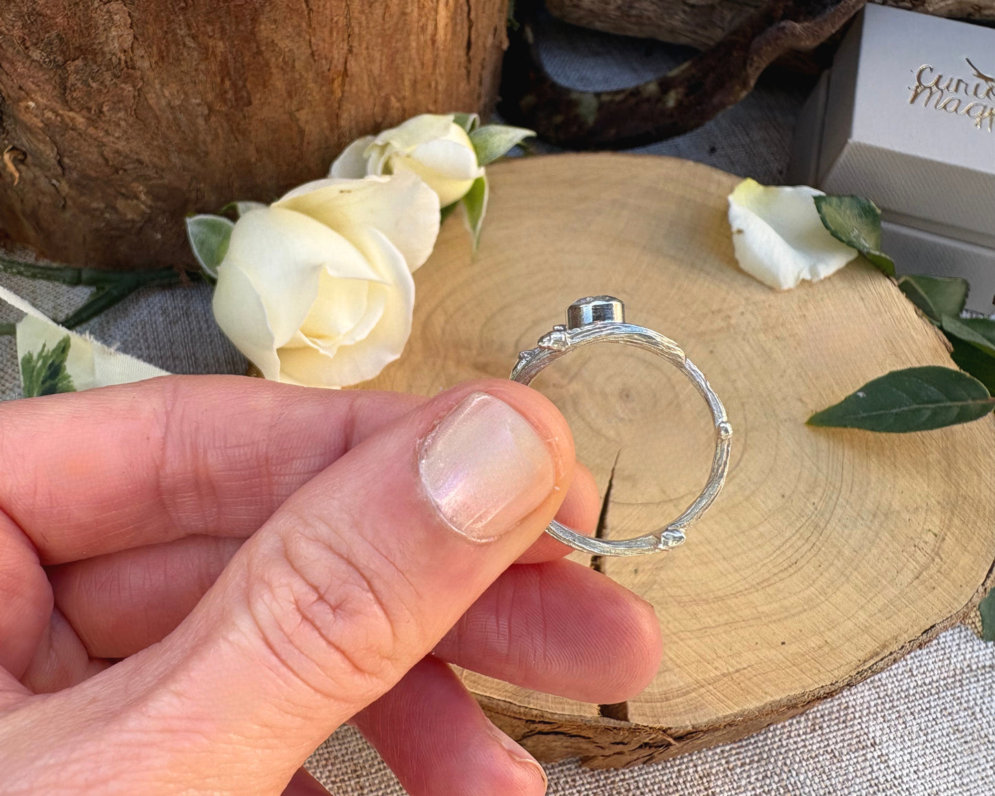 Silver Branch Ring with White Topaz gemstone by Curious Magpie Jewellery