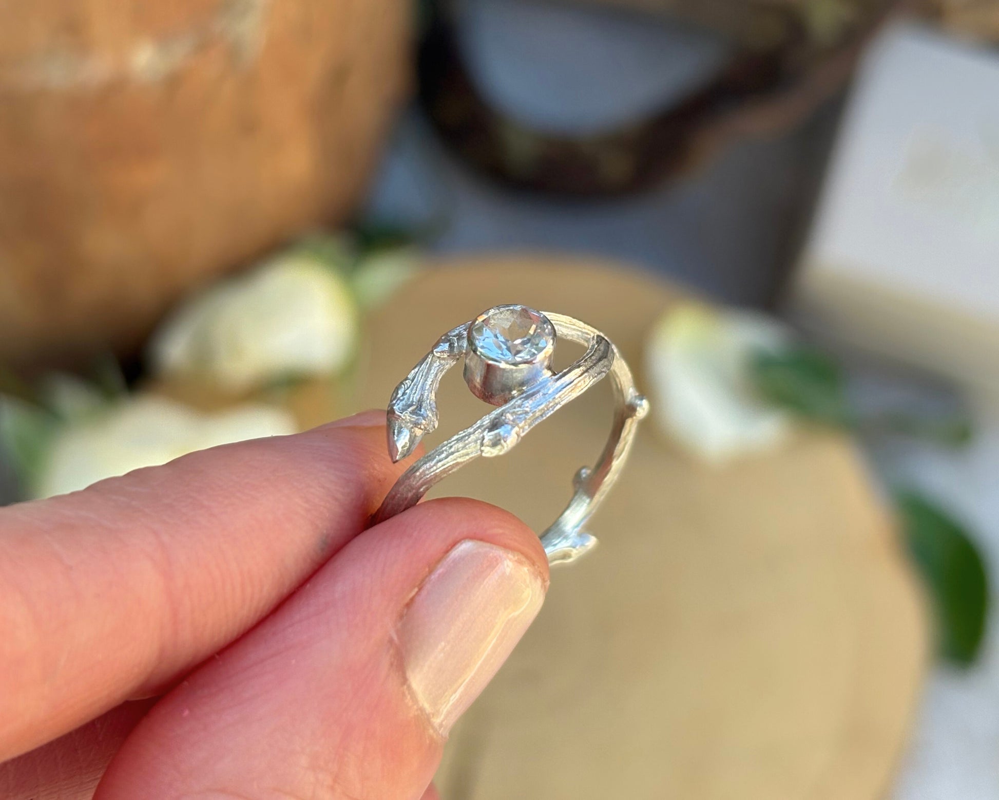 Silver Branch Ring with White Topaz gemstone by Curious Magpie Jewellery