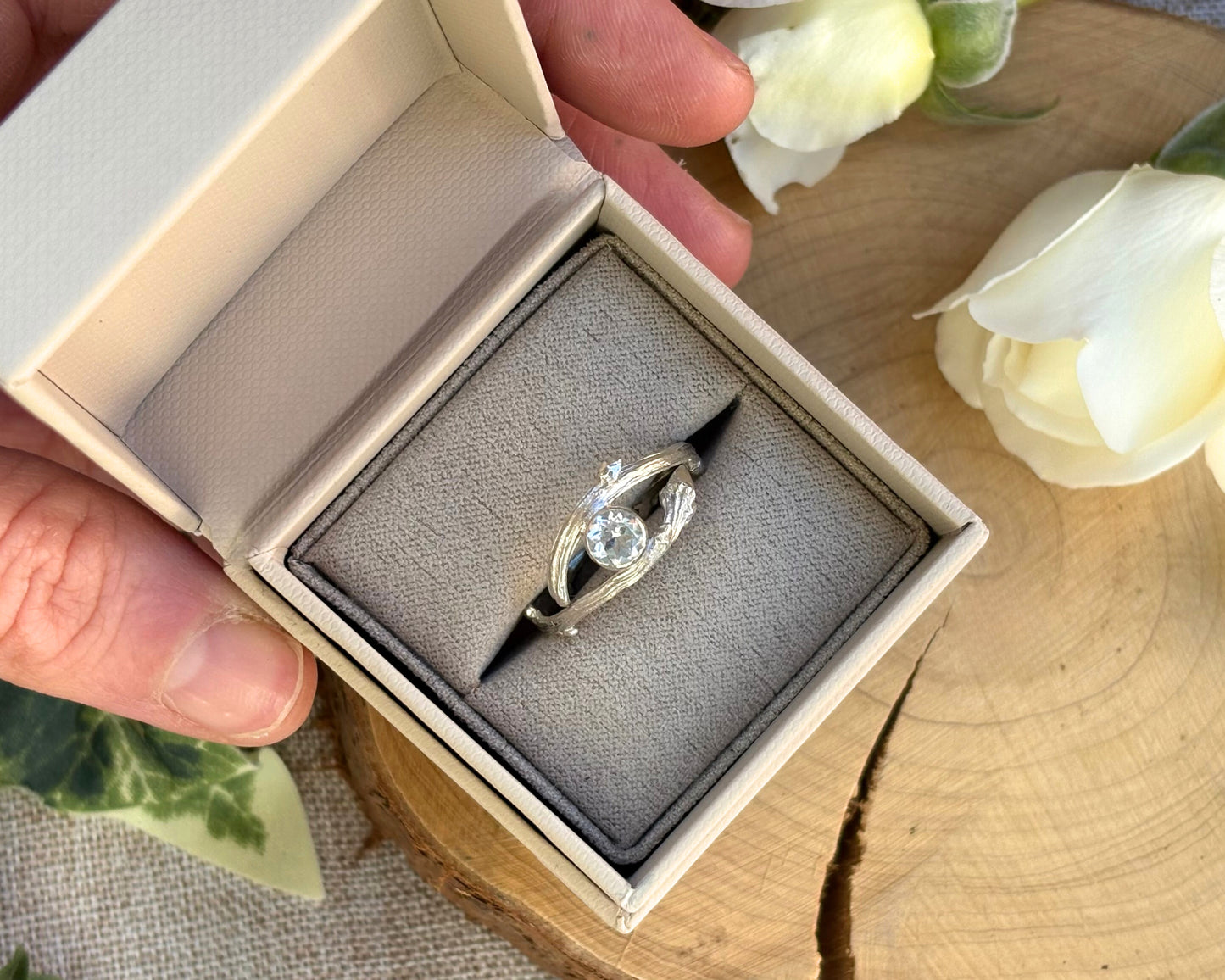 Silver Branch Ring with White Topaz gemstone by Curious Magpie Jewellery