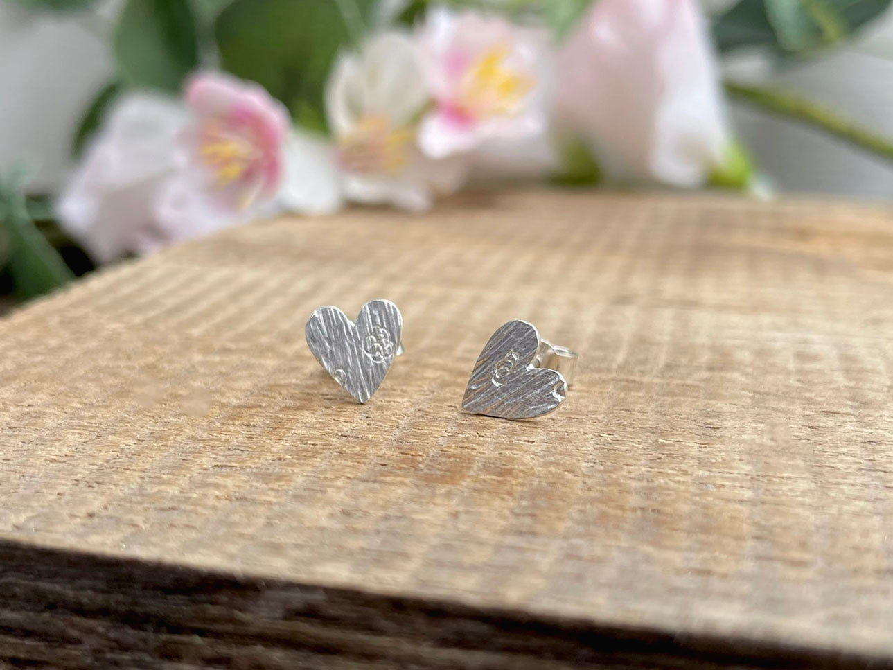 Silver Tree Bark Heart Stud Earrings by Curious Magpie Jewellery