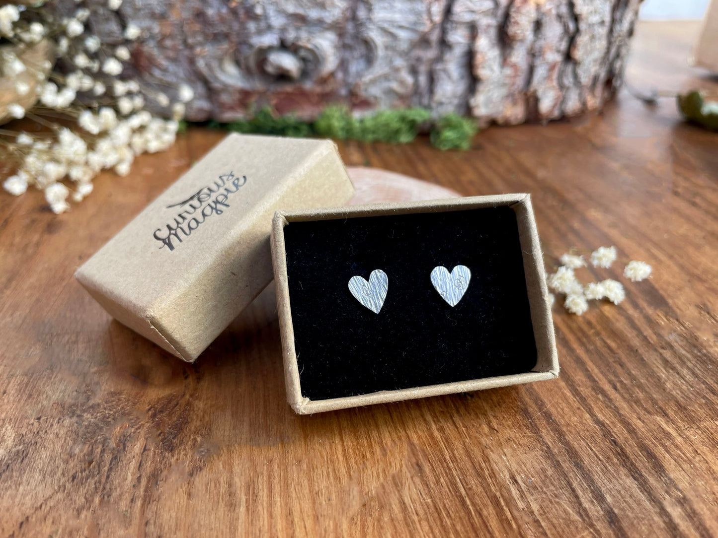 Silver Tree Bark Heart Stud Earrings by Curious Magpie Jewellery