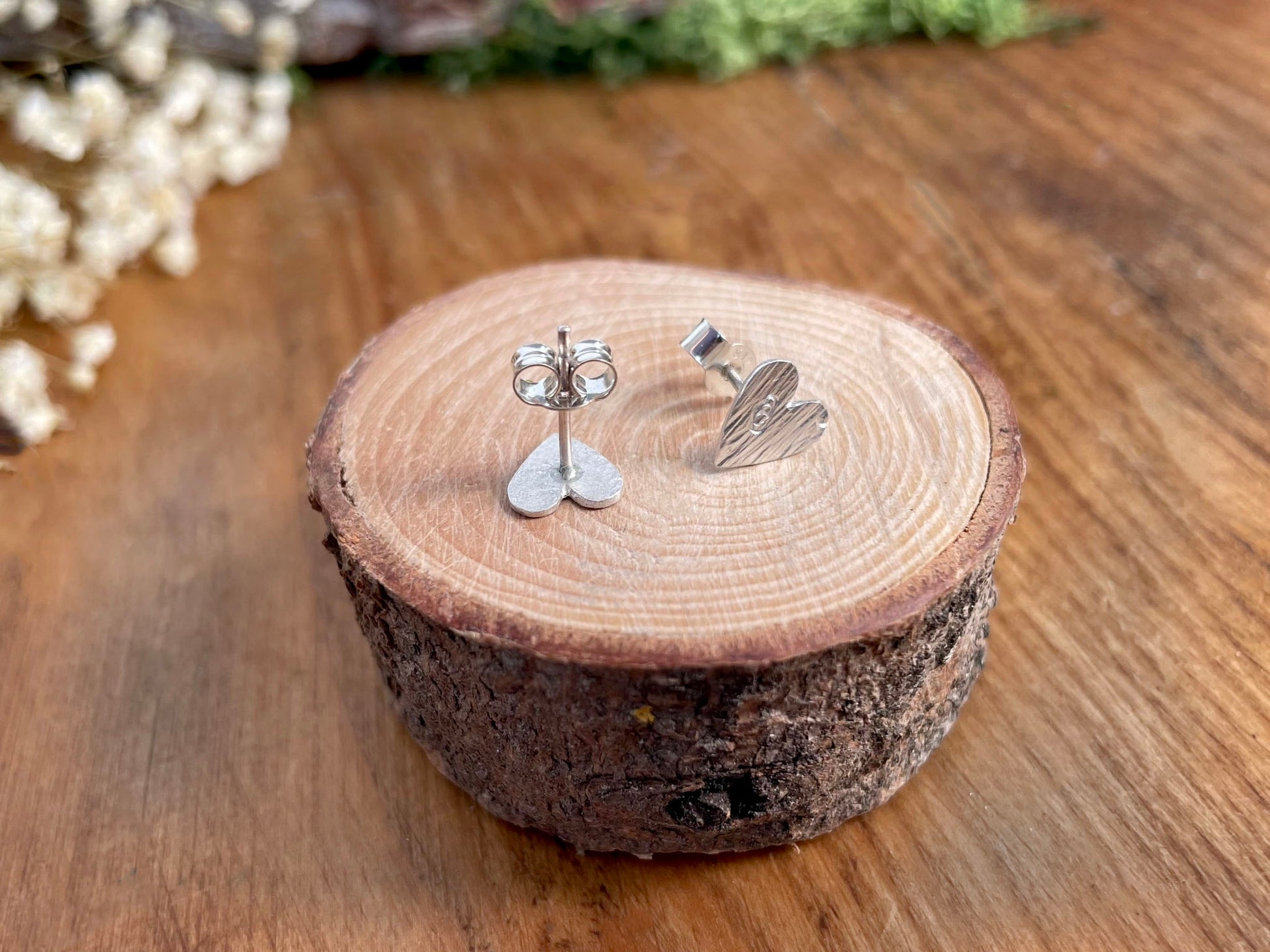Silver Tree Bark Heart Stud Earrings by Curious Magpie Jewellery