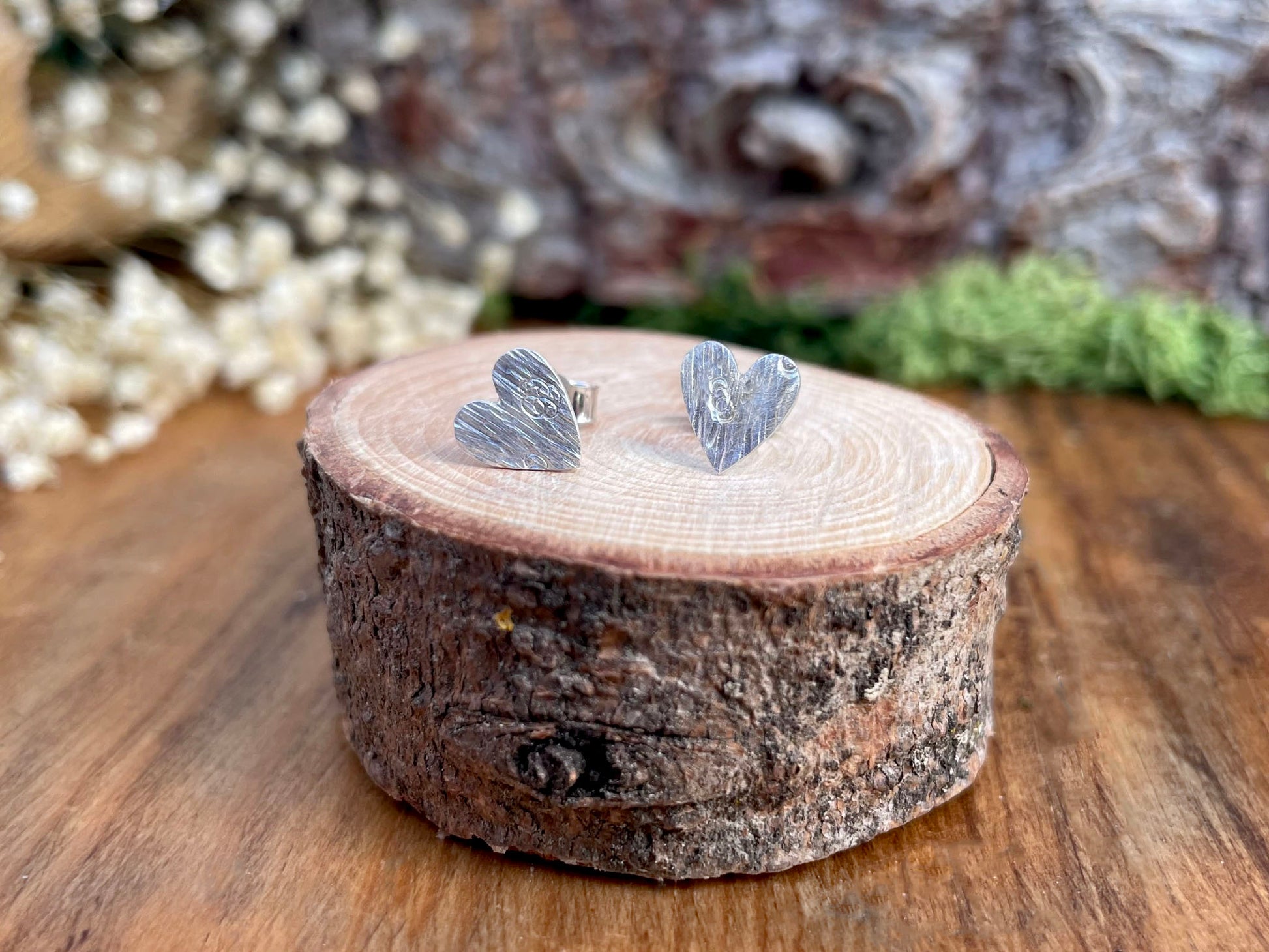 Silver Tree Bark Heart Stud Earrings by Curious Magpie Jewellery