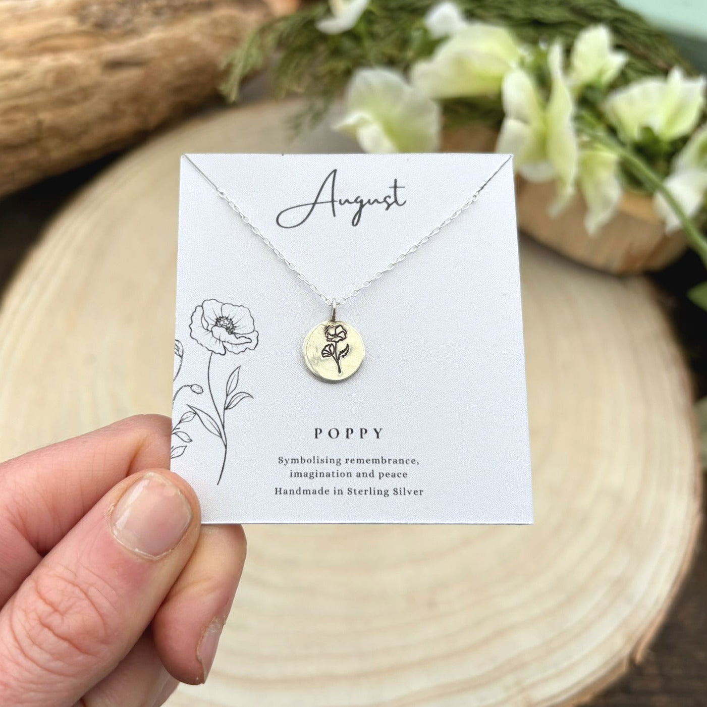 Silver August birth flower necklace, poppy, by Curious Magpie Jewellery