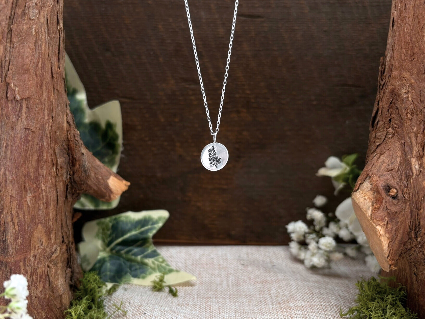 Silver birth flower necklace, July Birthday - Larkspur by Curious Magpie Jewellery