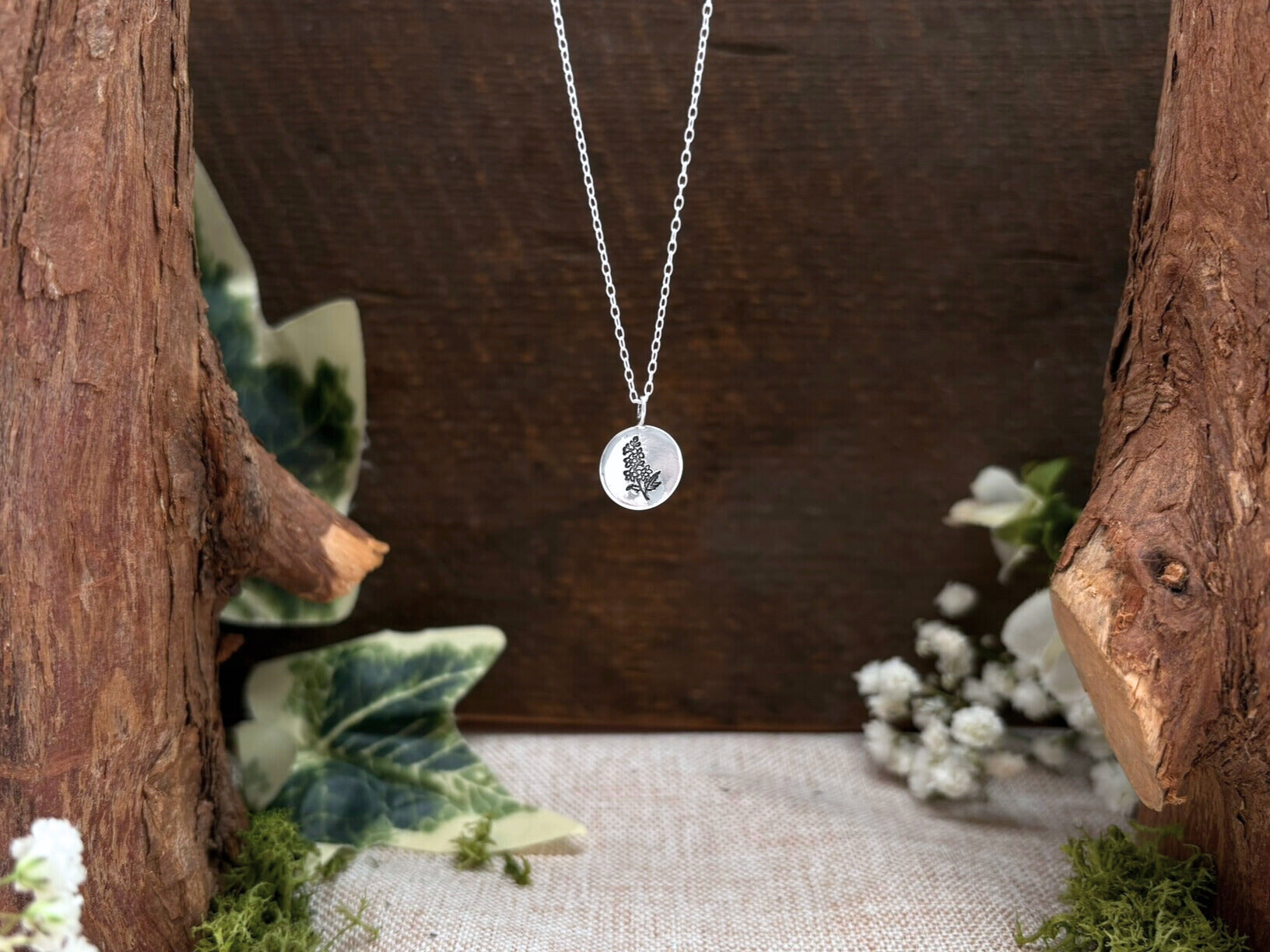 Silver birth flower necklace, July Birthday - Larkspur by Curious Magpie Jewellery
