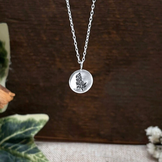 Silver birth flower necklace, July Birthday - Larkspur by Curious Magpie Jewellery
