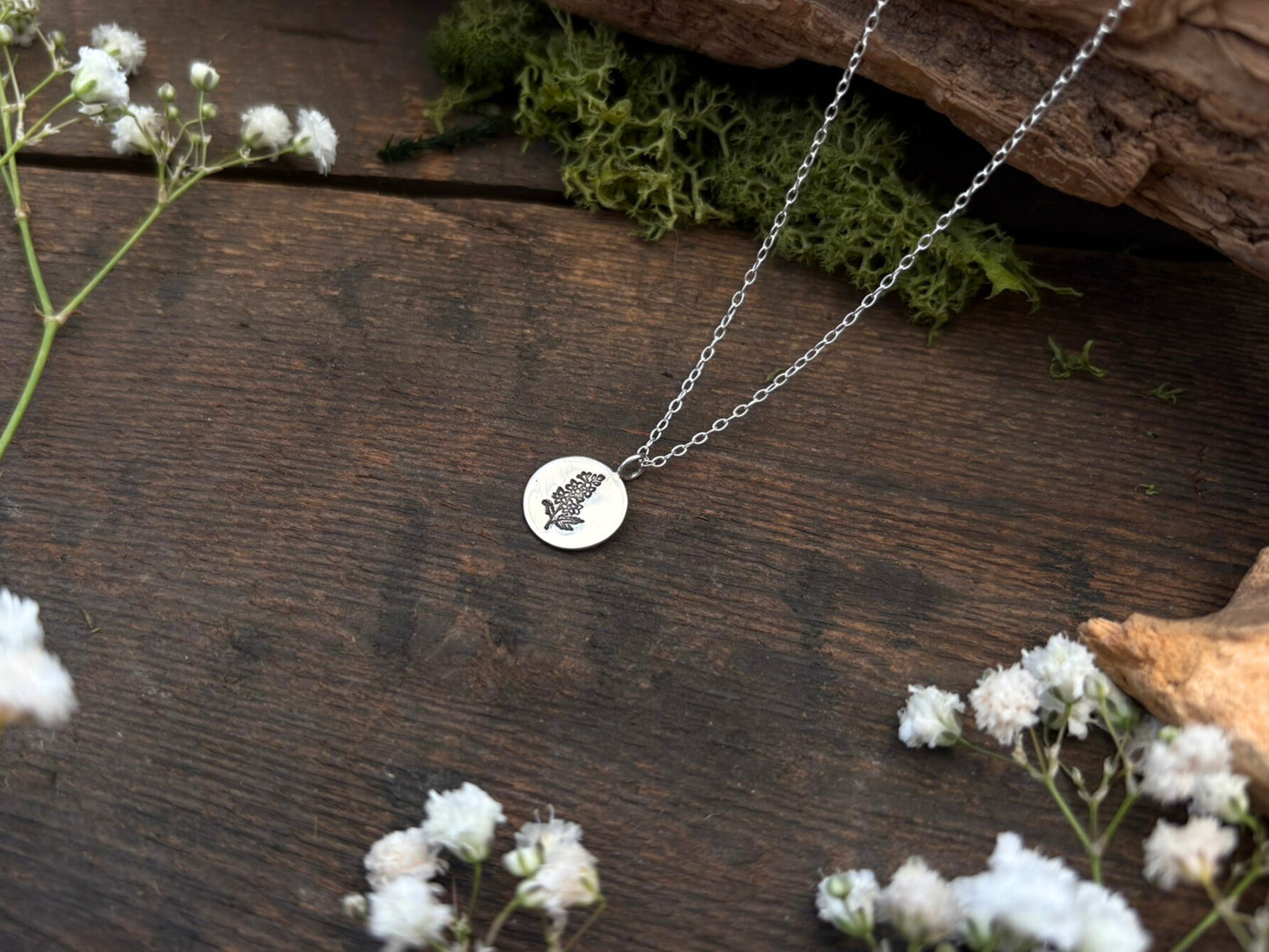 Silver birth flower necklace, July Birthday - Larkspur by Curious Magpie Jewellery