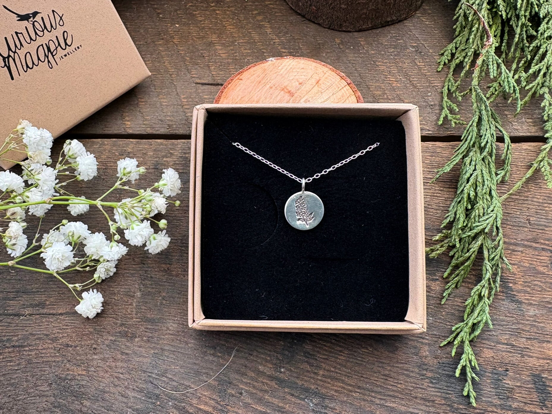 Silver birth flower necklace, July Birthday - Larkspur by Curious Magpie Jewellery