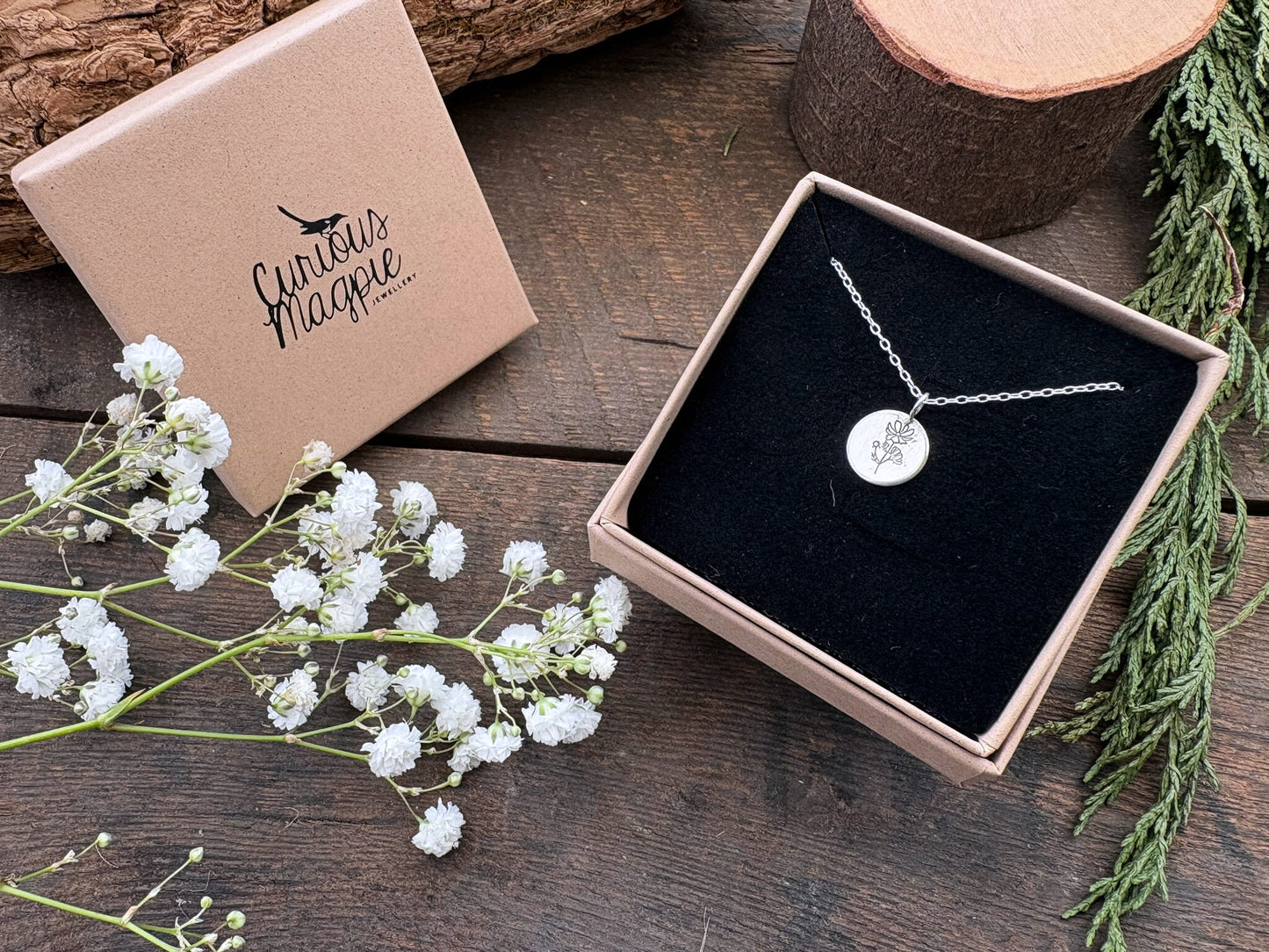Silver birth flower necklace, October, Cosmos by Curious Magpie Jewellery