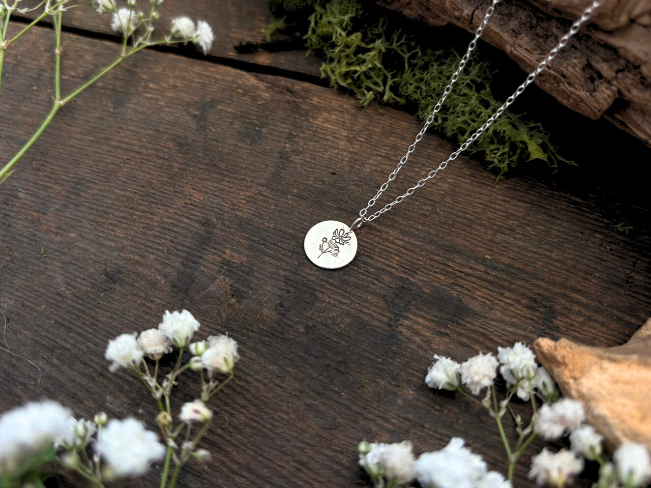 Silver birth flower necklace, October, Cosmos by Curious Magpie Jewellery
