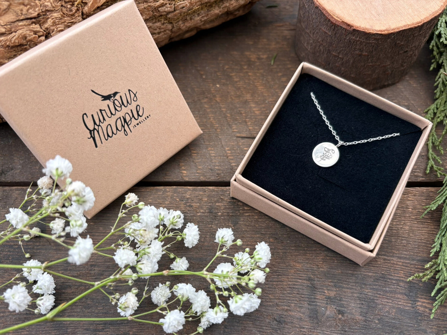 Silver birth flower necklace, April Birthday - Sweet pea by Curious Magpie Jewellery