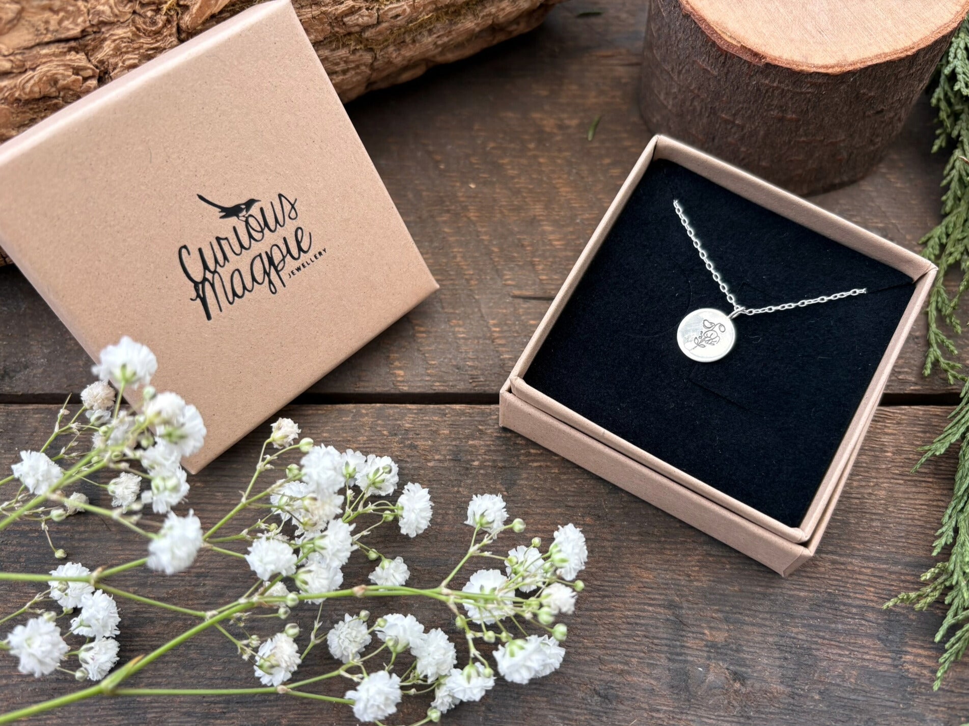 Silver birth flower necklace, April Birthday - Sweet pea by Curious Magpie Jewellery